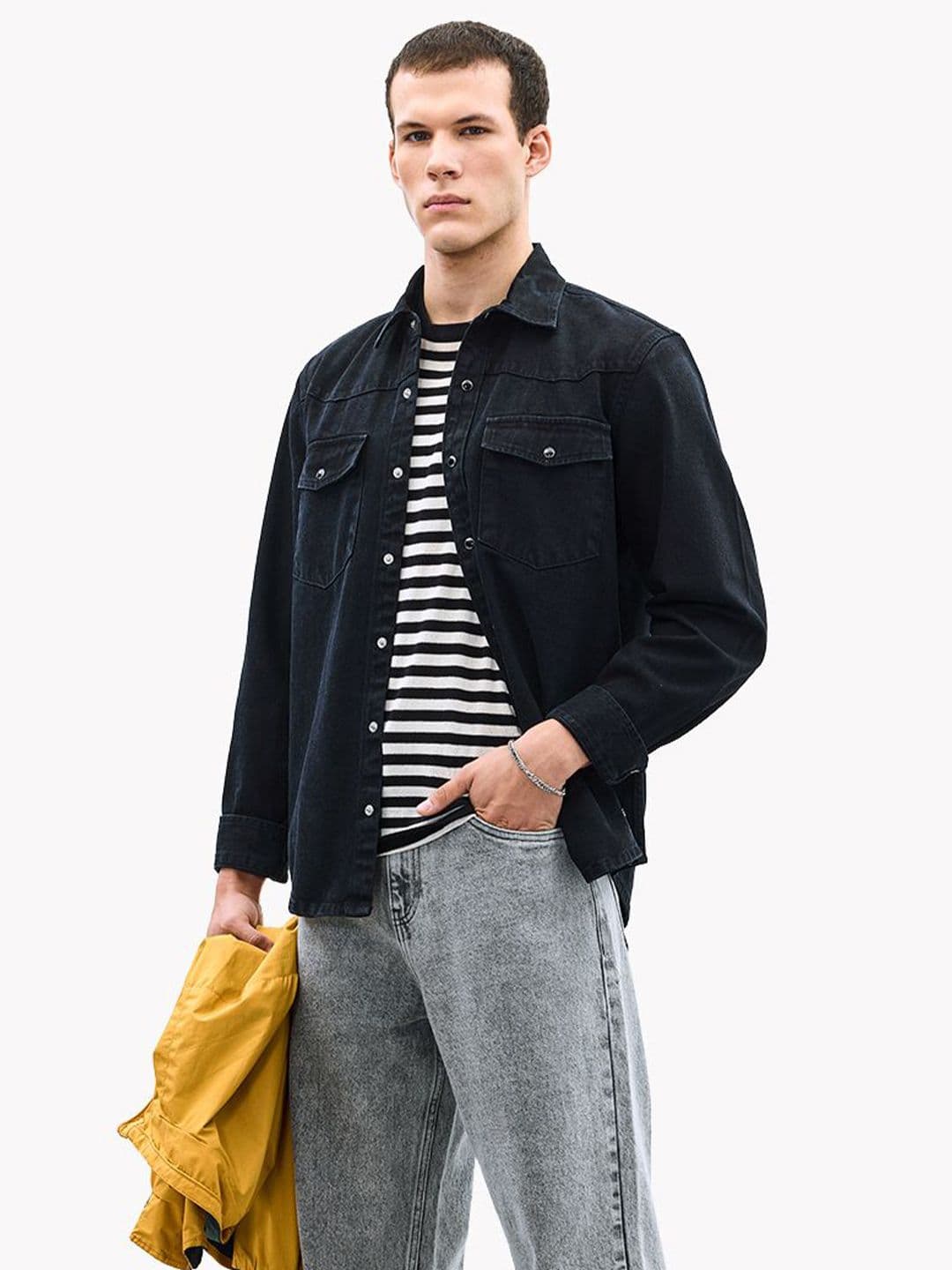 Snitch Black Relaxed Faded Cotton Casual Shirt - view 1