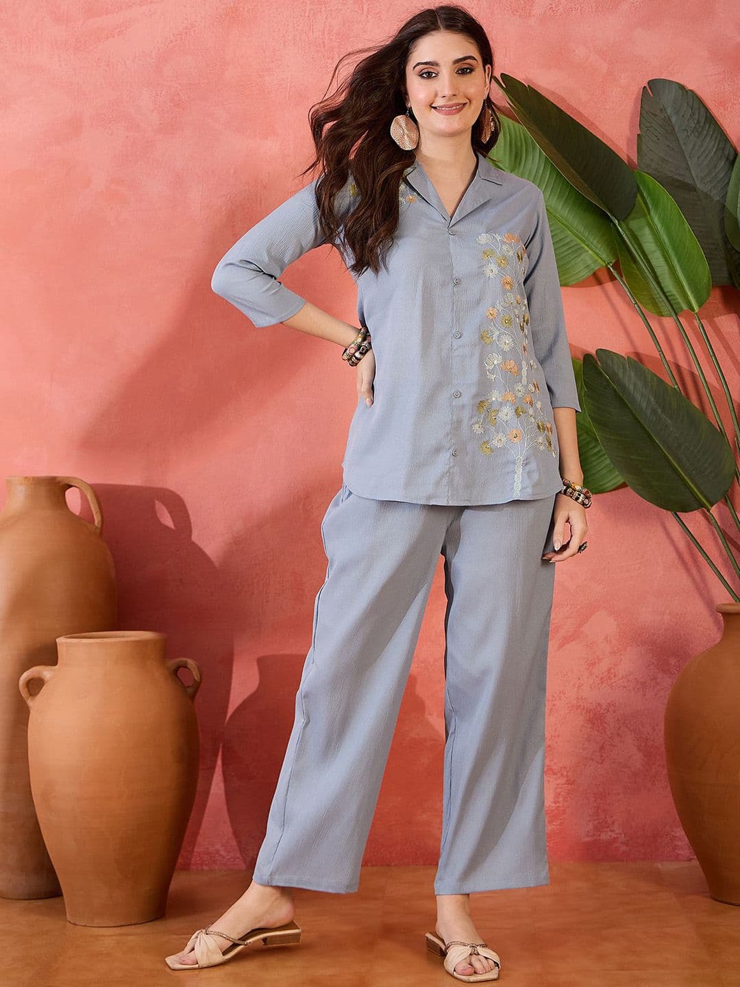 Sangria Embroidered Shirt Collar Shirt With Trousers Co-Ords - view 1