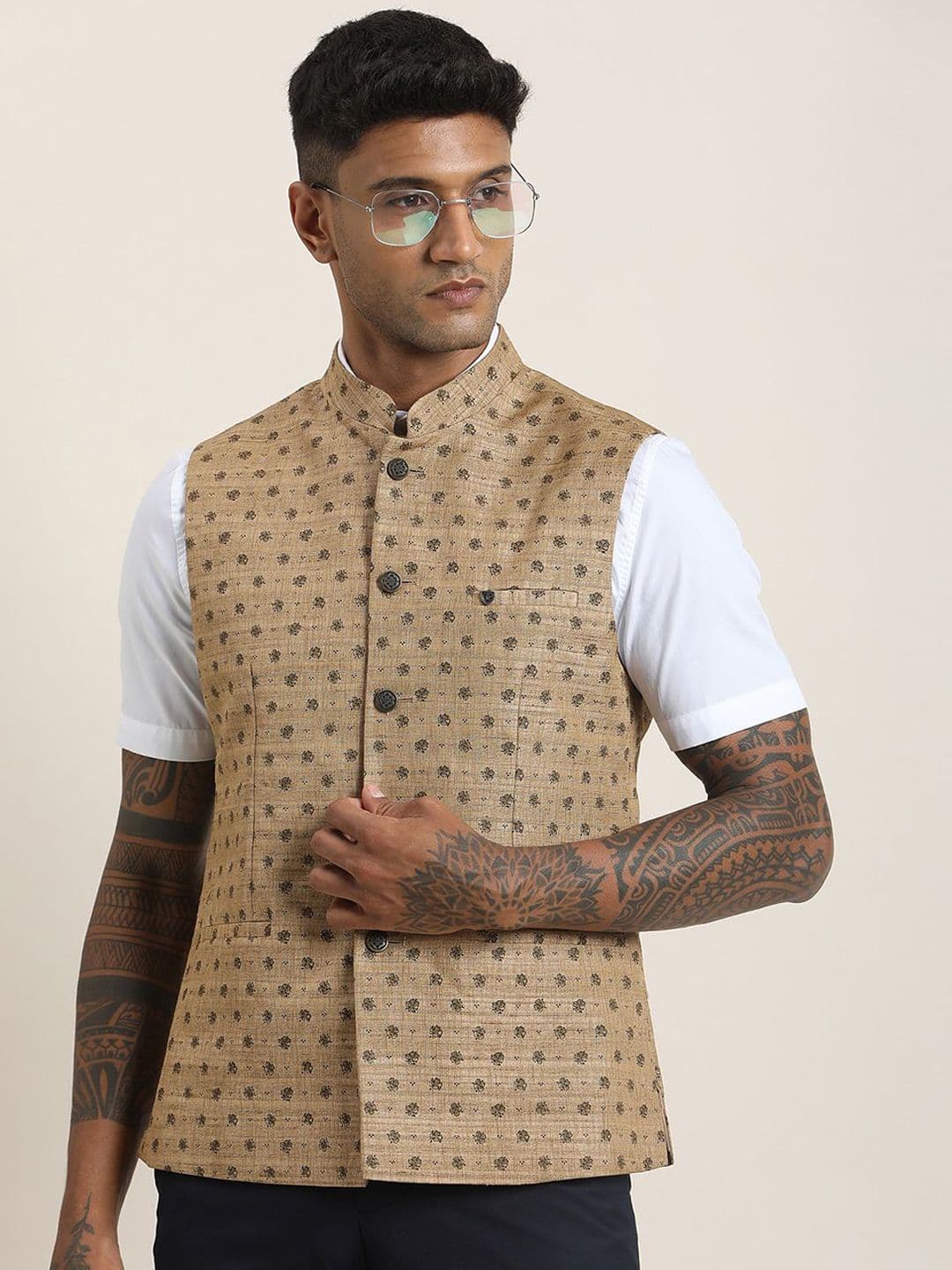 Turtle Printed Pure Cotton Nehru Jacket - view 1