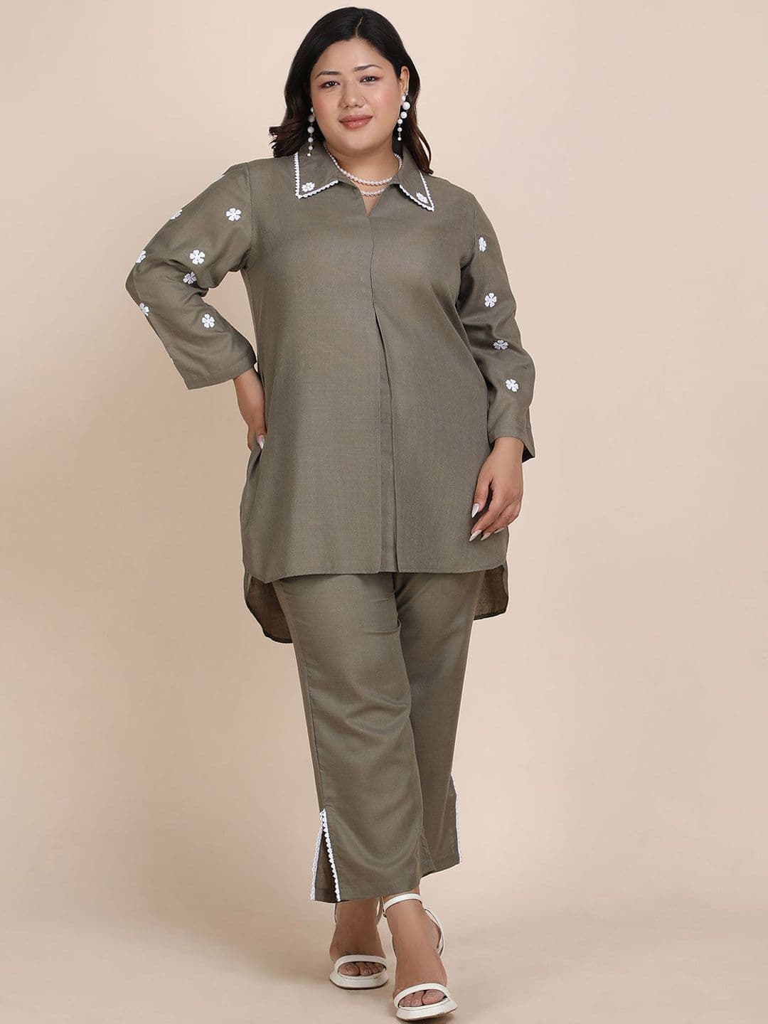 Bani Women Embroidered Plus Size Shirt Collar Neck Casual Tunic With Trouser Co-Ords - view 1