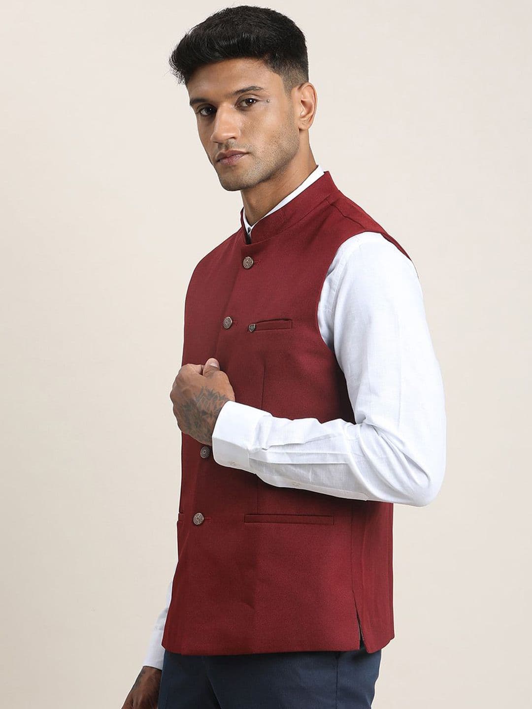 Turtle Woven Mandarin Collar Pure Cotton Nehru Jacket - view 1