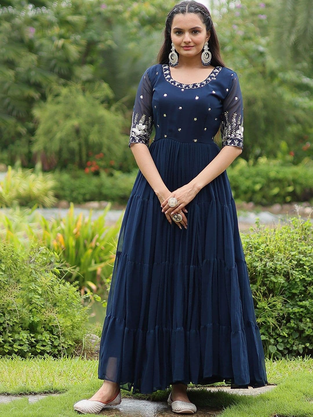 FoxDX Embroidered Fit & Flare Maxi Stitched Anarkali Ethnic Dress - view 1