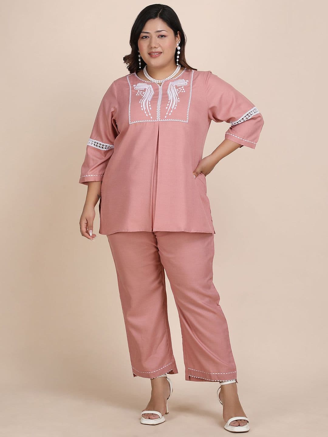 Bani Women Embroidered Plus Size Round Neck Casual Tunic With Trouser Co-Ords - view 1