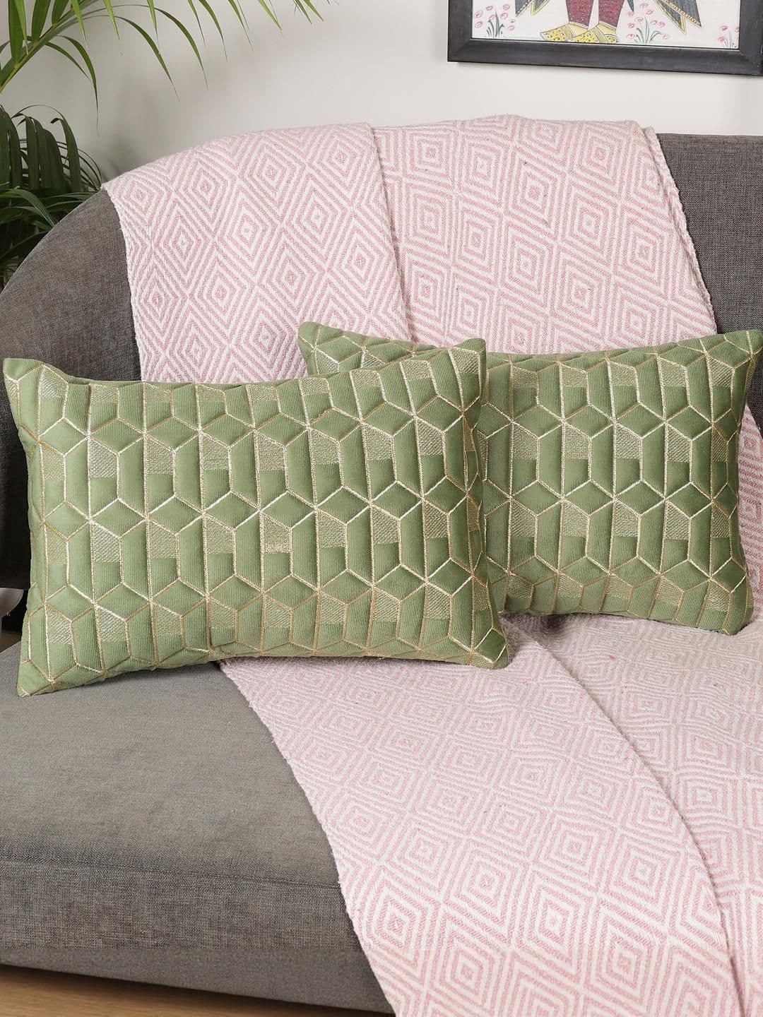MONKDECOR Green & Gold-Toned Set of 2 Geometric Velvet Rectangle Cushion Covers - view 1
