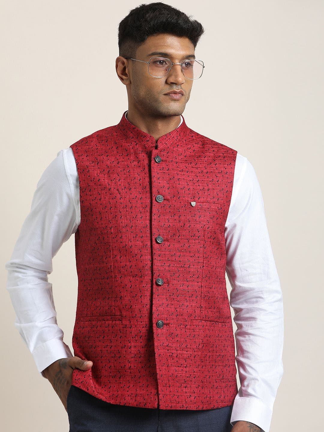 Turtle Printed Pure Cotton Nehru Jacket - view 1