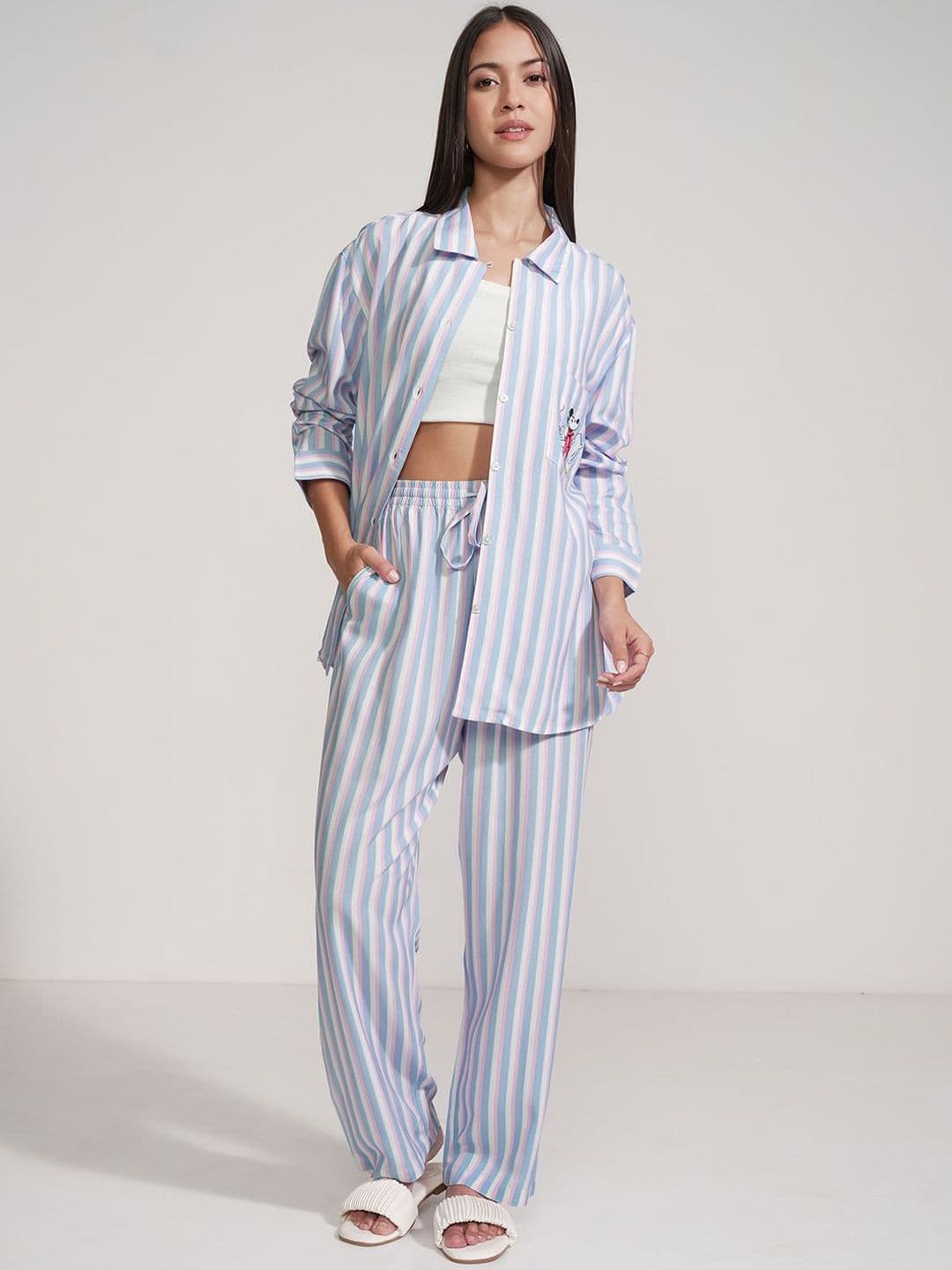 Tokyo Talkies Striped Collar Neck Shirt With Trousers Co-Ords - view 1