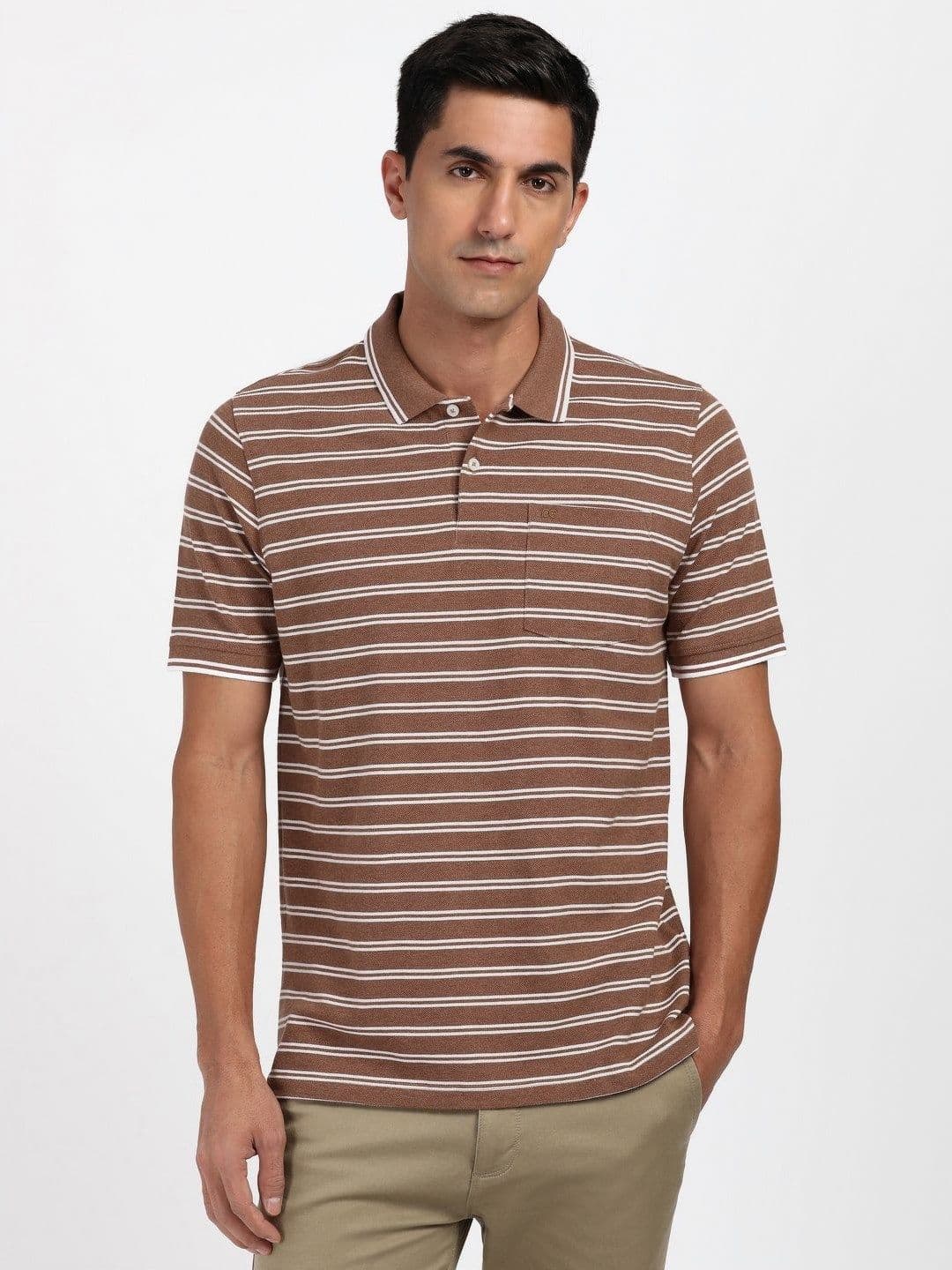 Peter England Men Striped Polo Collar Pure Cotton T-shirt - view 1