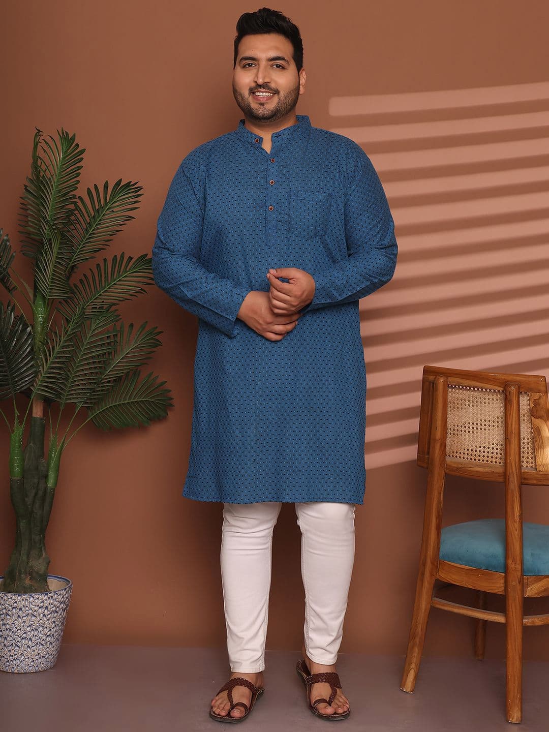 Enchanted Drapes Plus Size Geometric Printed Band Collar Pure Cotton Straight Kurta - view 1