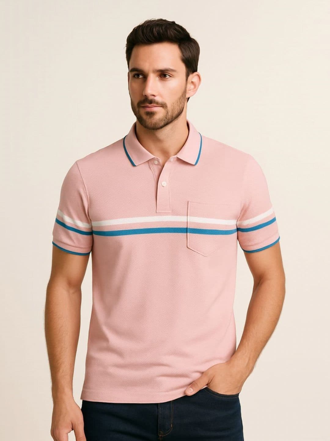Austin wood Striped Polo Collar Cotton T-shirt - view 1