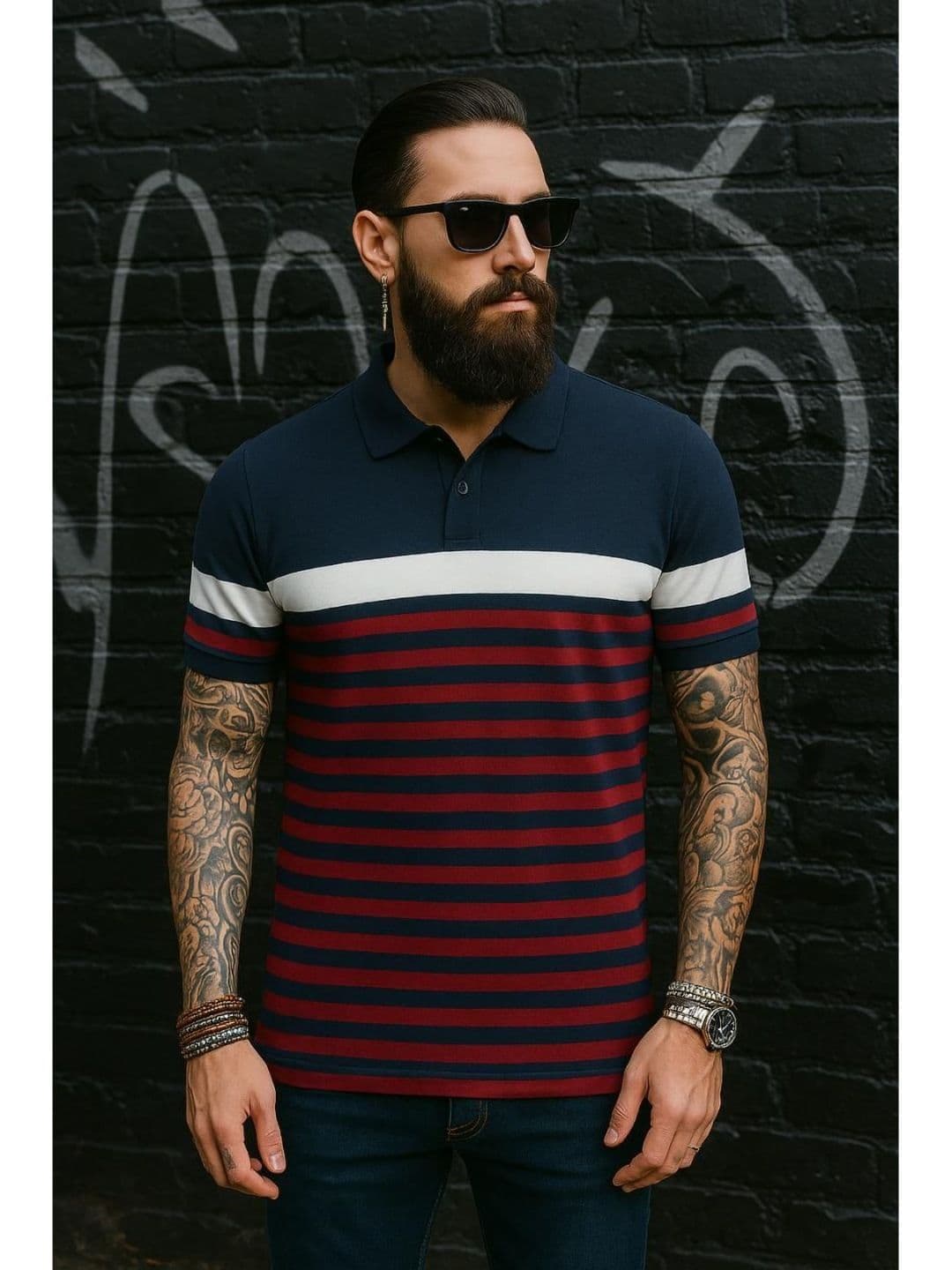Austin wood Striped Polo Collar Cotton T-shirt - view 1