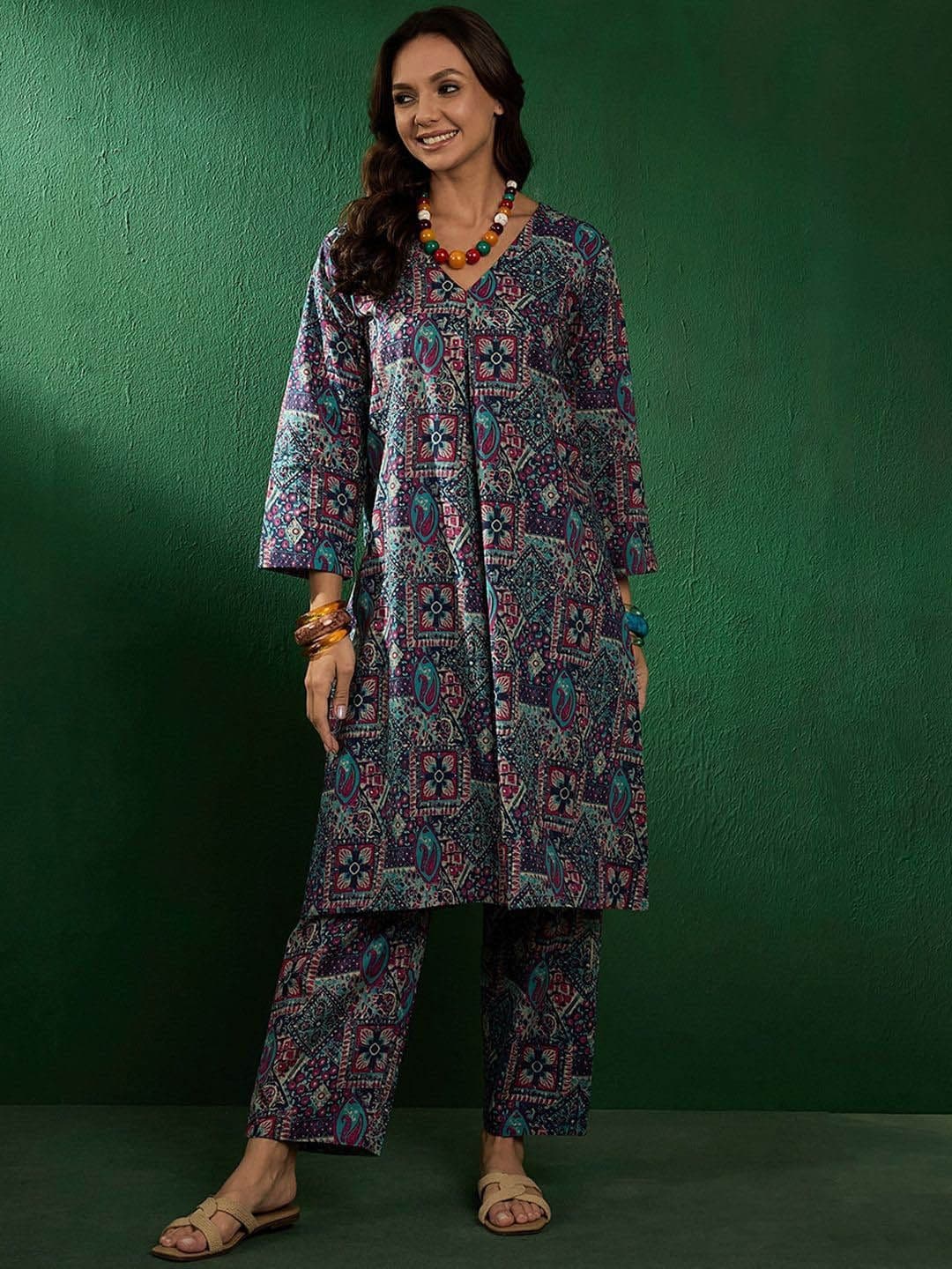 InWeave Women Floral Printed Cotton A-Line Kurta with Trousers - view 1