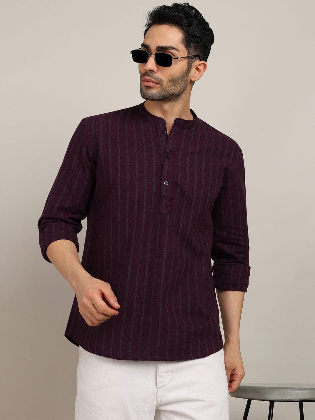 HERE&NOW Striped Mandarin Collar Pure Cotton Straight Kurta - view 1