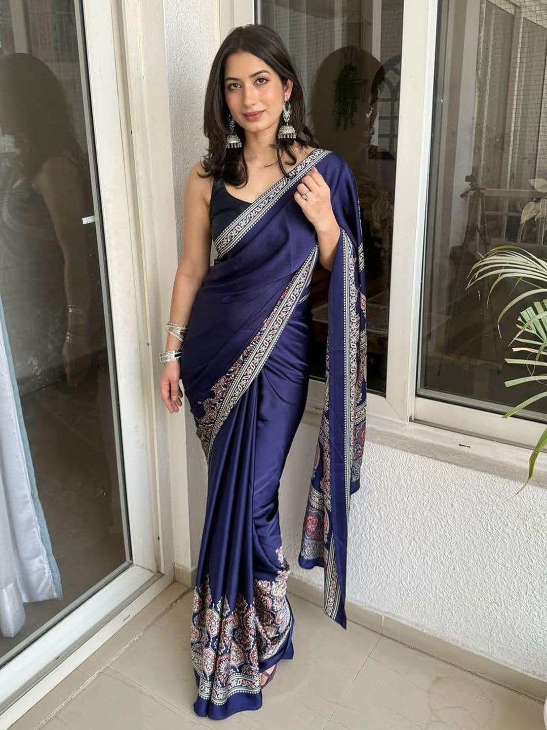 HERE&NOW Ajrak Printed Satin Saree - view 1