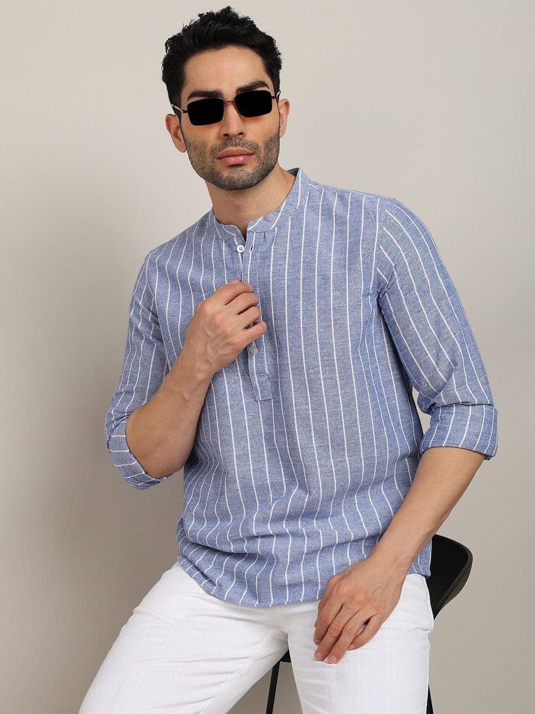 HERE&NOW Striped Mandarin Collar Long Sleeves Pure Cotton Straight Short Kurta - view 1