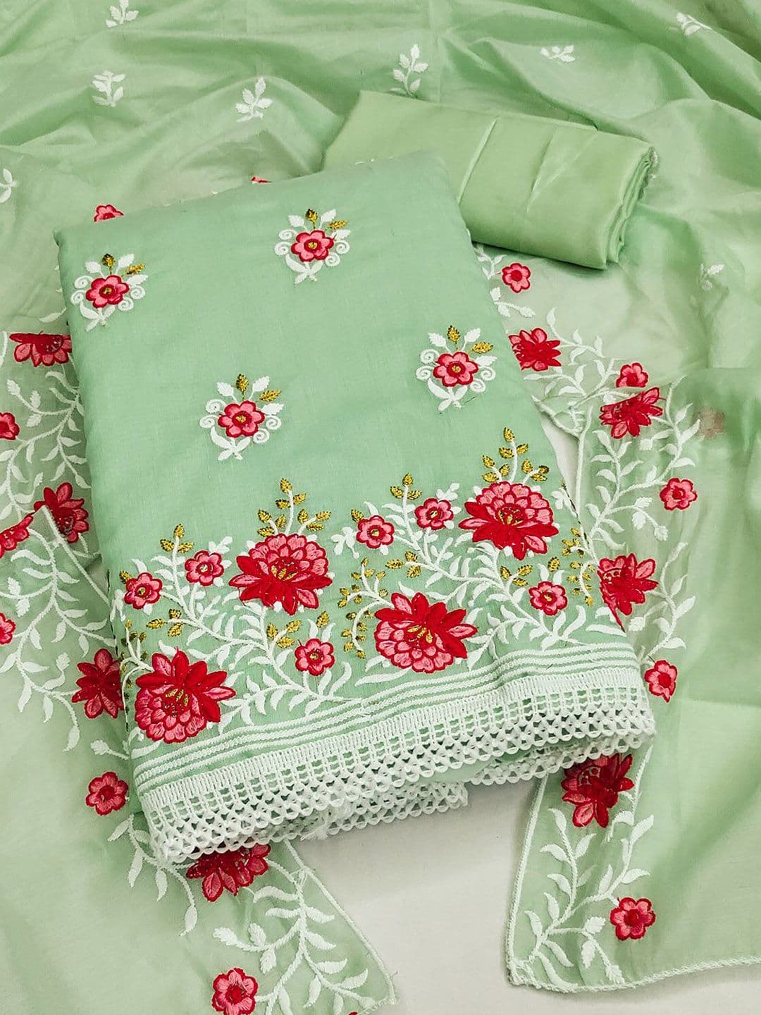 Leeza Store Floral Embroidered Thread Work Unstitched Dress Material - view 1