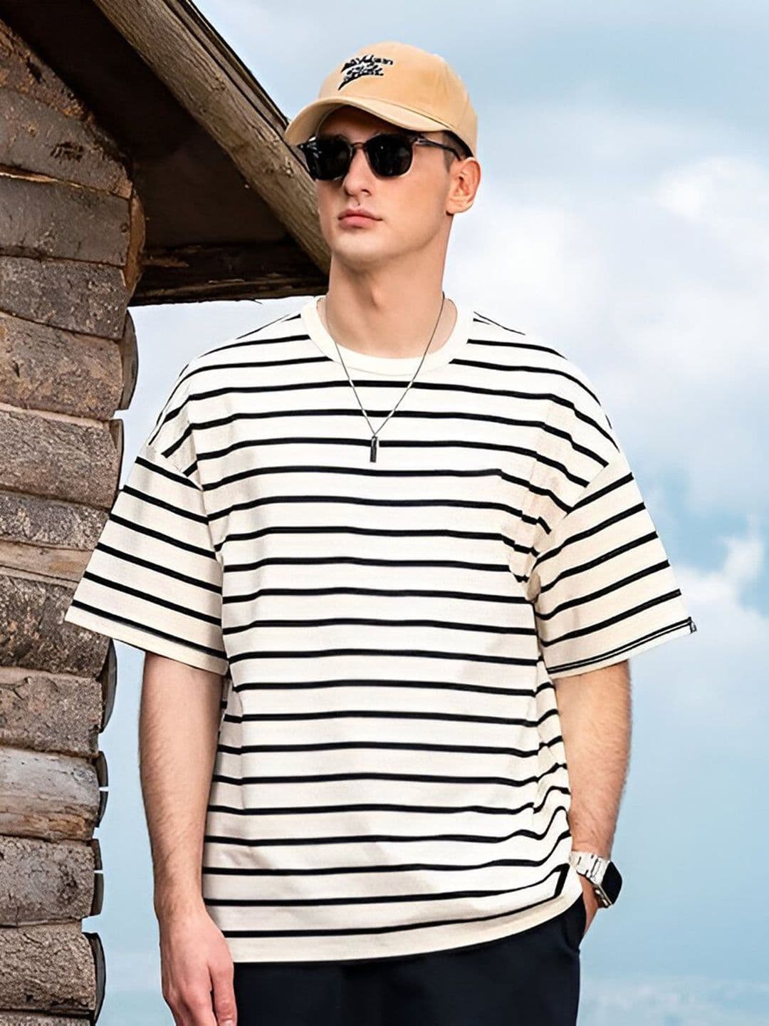 TOGS & TERRE Striped Round Neck Oversized Organic Cotton T-shirt - view 1