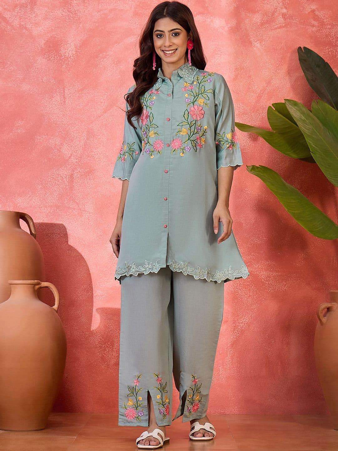 Sangria Floral Embroidered Tunic & Trousers Co-Ord Set - view 1
