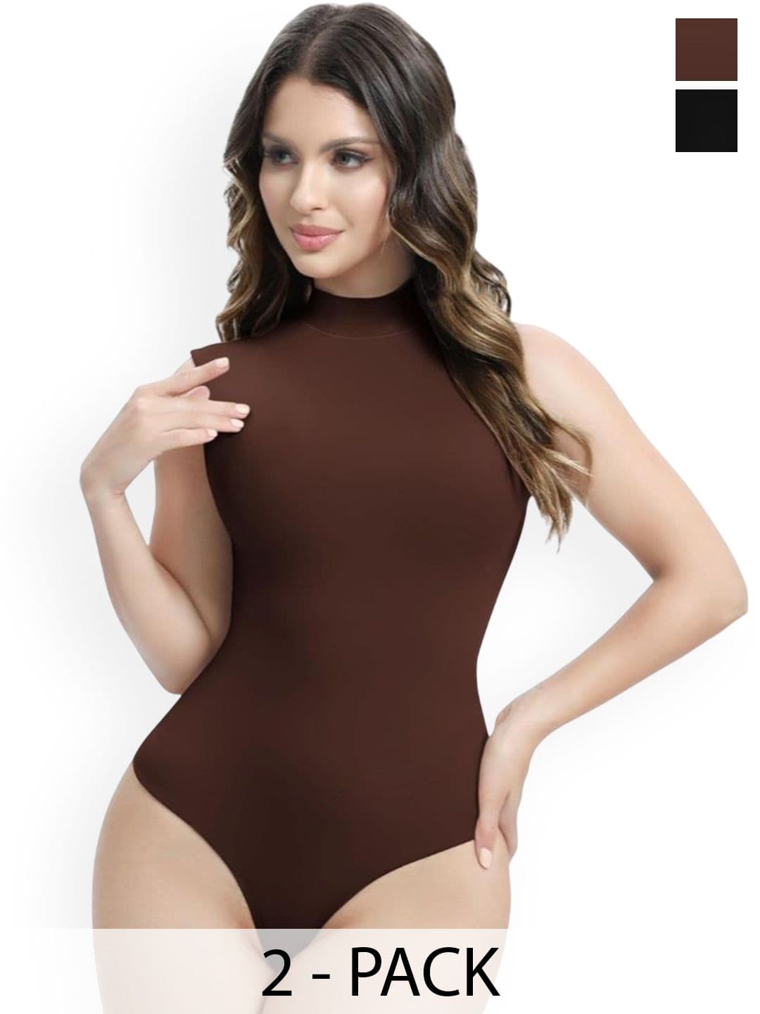 ZEROZABAR Wmen Pack Of 2 Sleeveless High Neck Thong Bodysuits - view 1