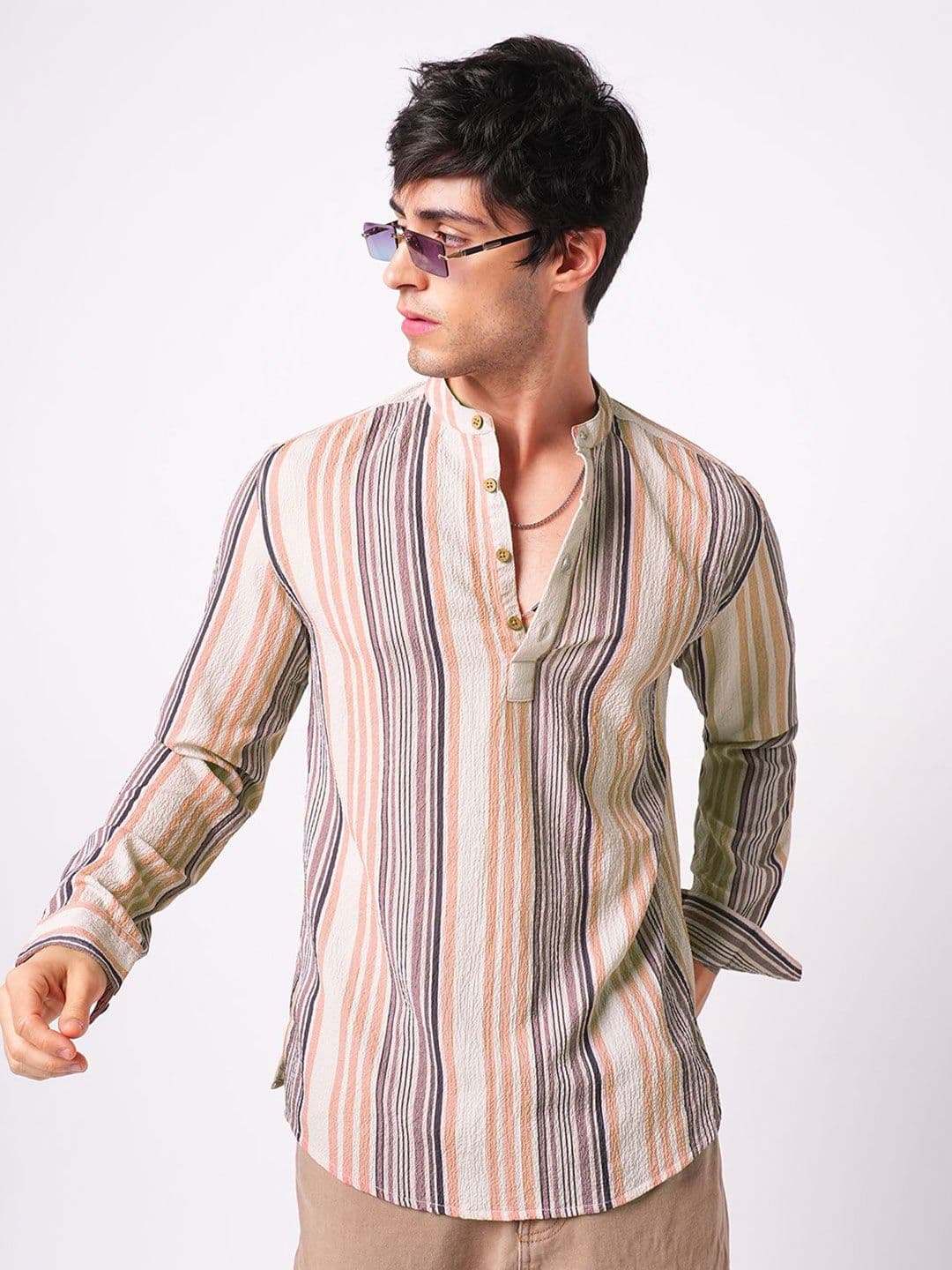 VASTRADO Men Multicolour Crinkled Striped Kurta - view 1