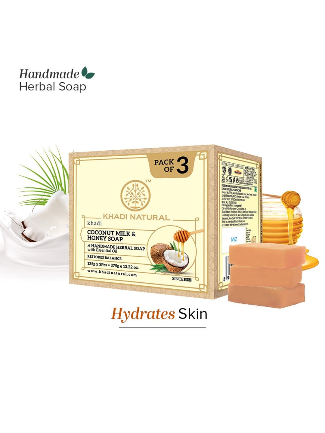 Khadi Natural Set of 3 Coconut Honey Soap Nourish Skin - 125 g each - view 1