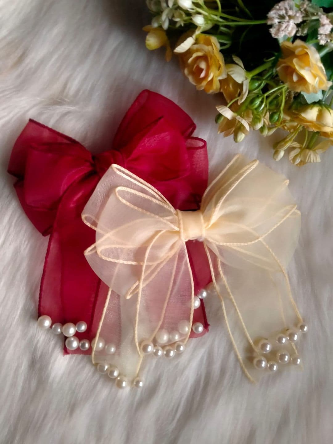 LYKAA Red & Yellow 2pcs Hair Ribbon Pearl Bows with Alligator Clip - view 1