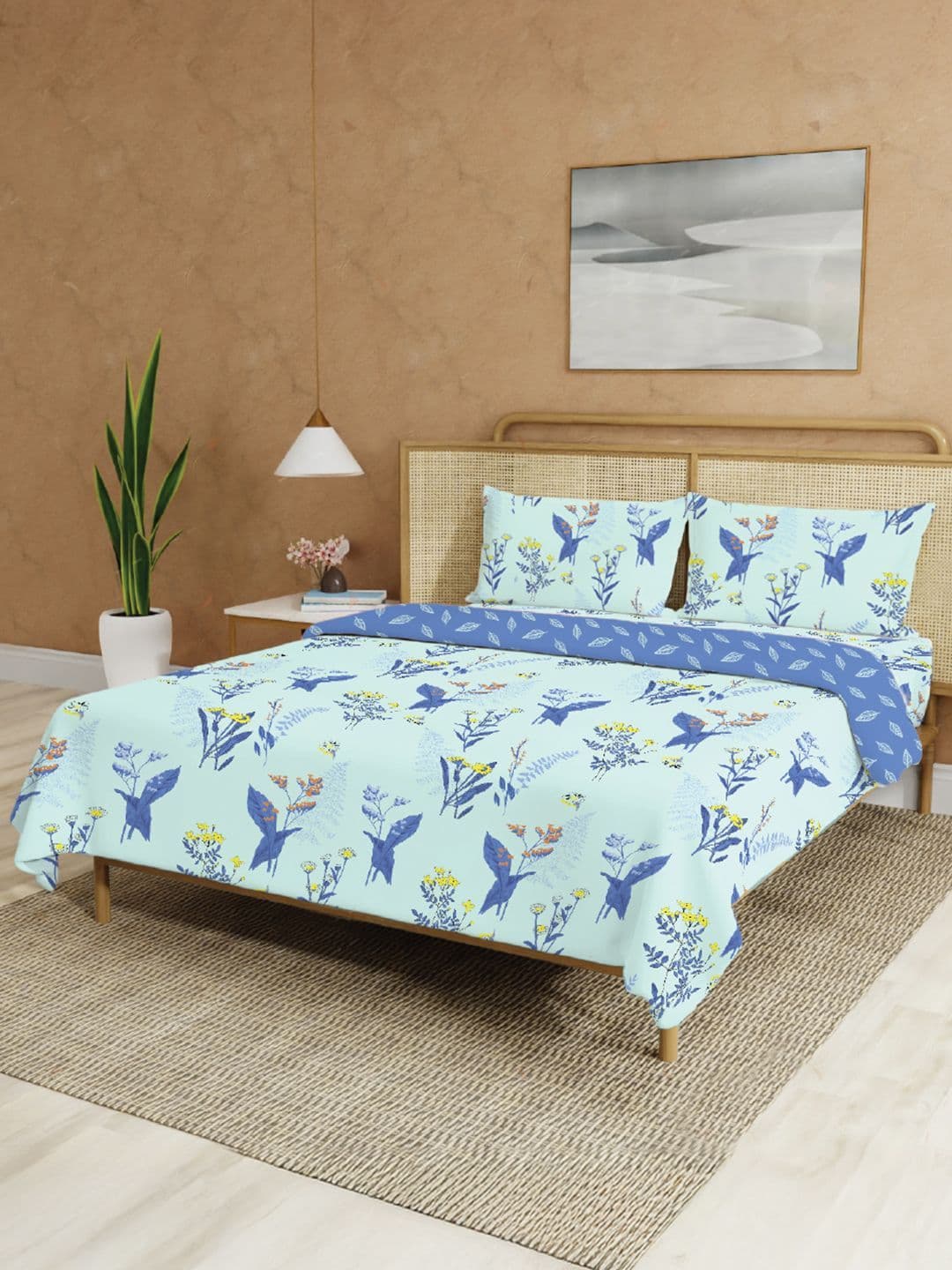 URBAN SPACE Blue & Yellow 4 Pieces Floral Cotton Double Queen Superfine Bedding Set - view 1