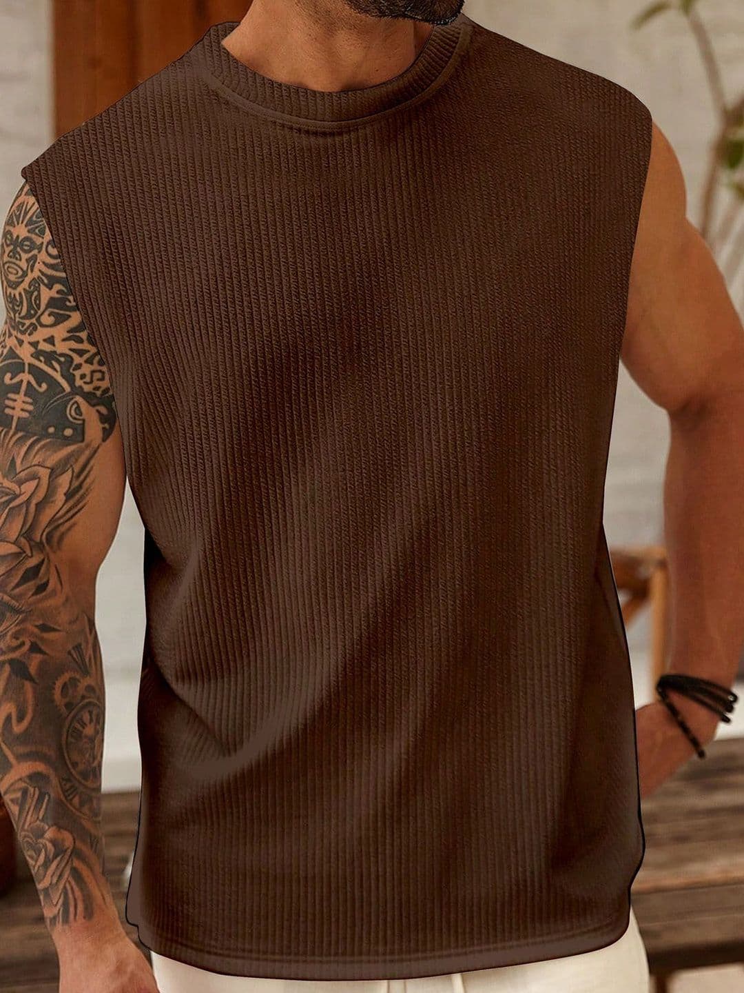 KAJARU Self Design Round Neck Tank Vest VESTCNTRS-4102-COFFEE-M - view 1