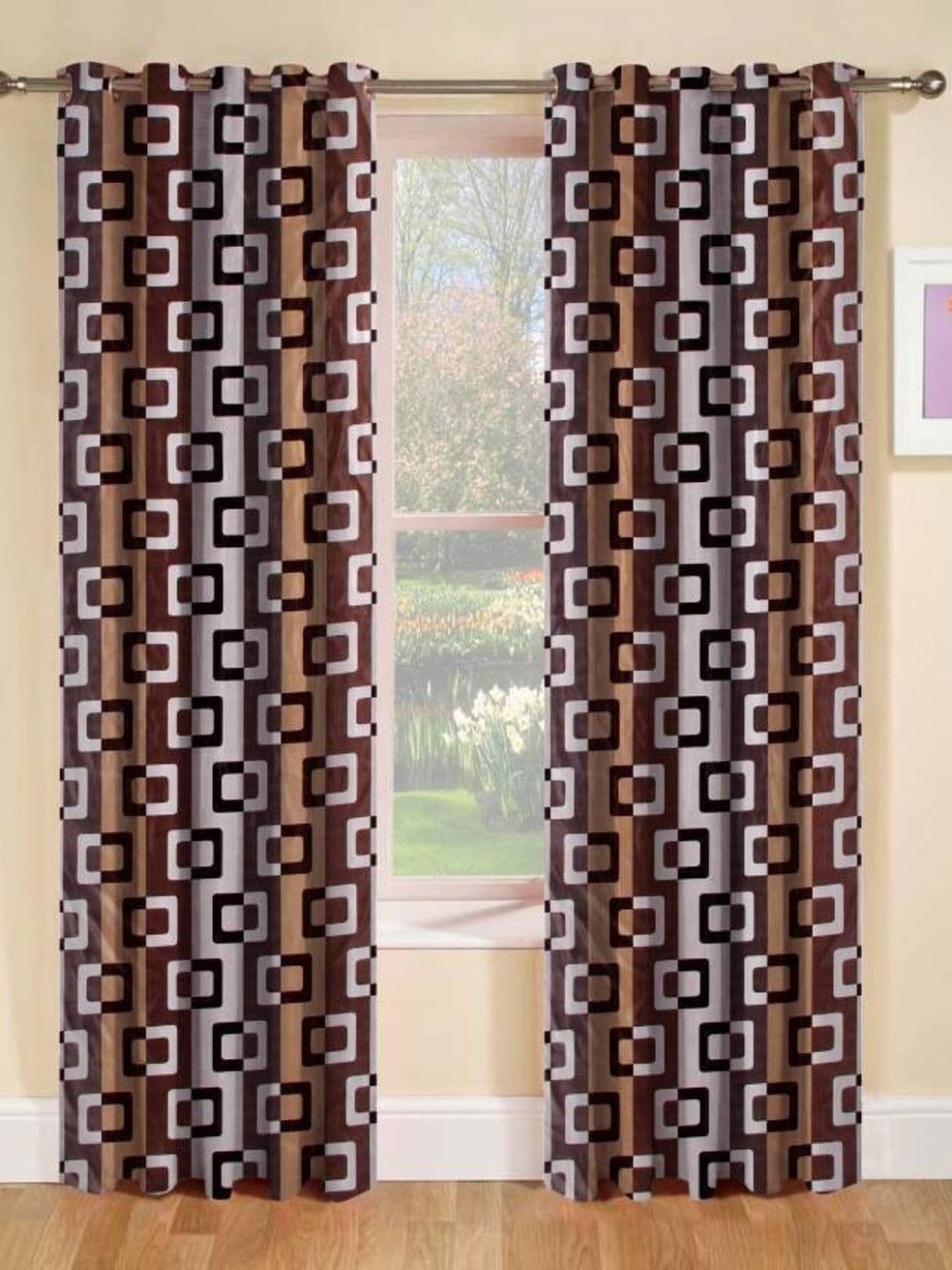 BELLA TRUE Brown & White 2 Pieces Geometric Long Door Curtains - view 1