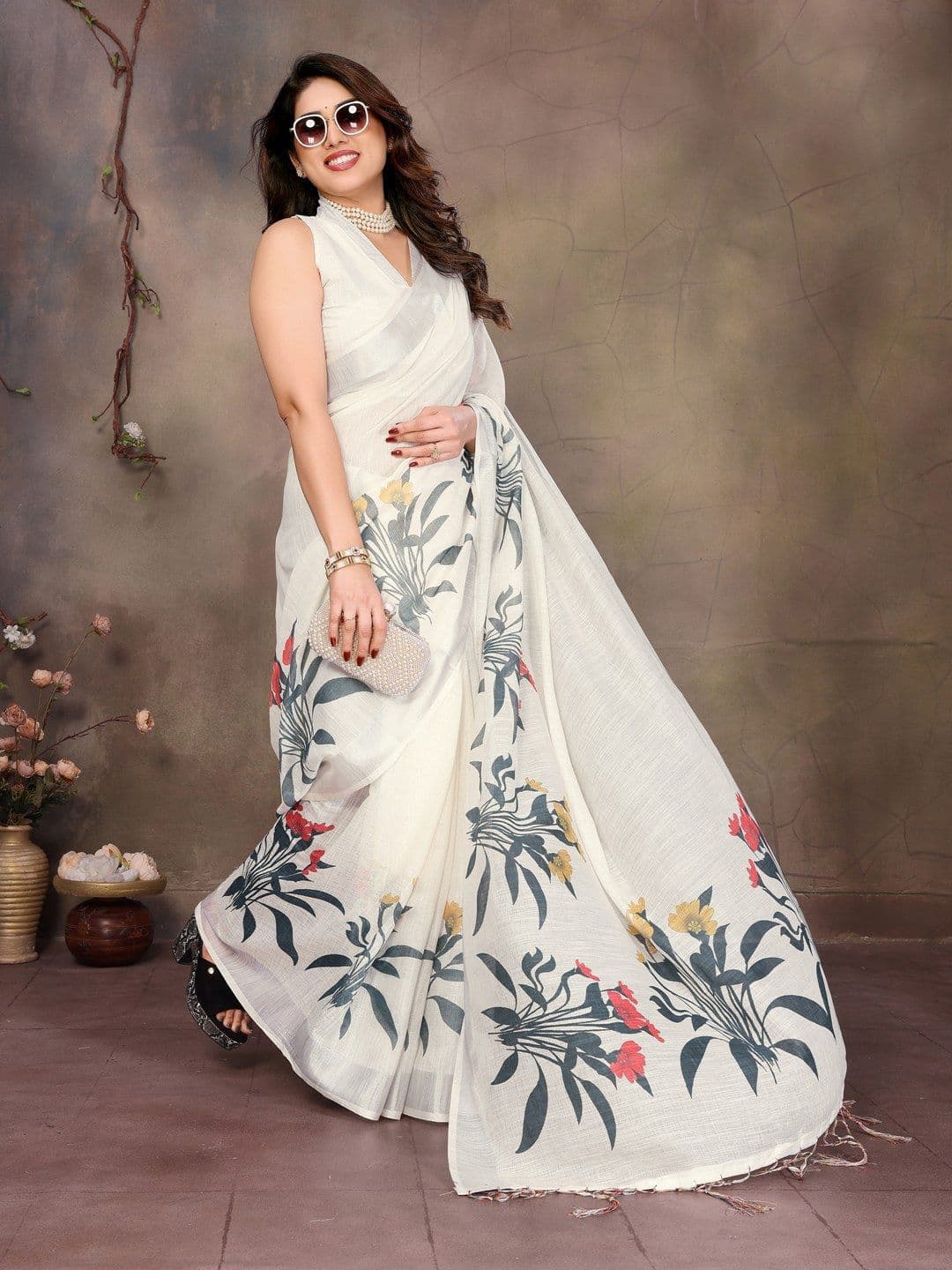 Shriyangan Floral Block Print Zari Pure Linen Saree - view 1