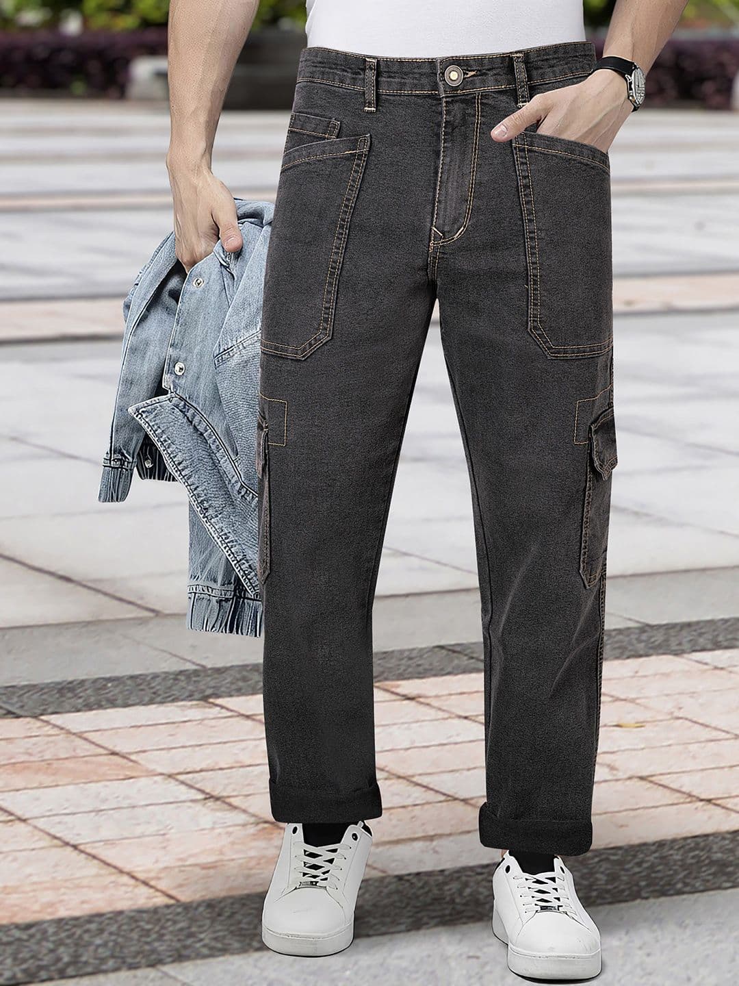 RIG BONE Men Loose Relaxed Fit Mid-Rise Stretchable Denim Cargo Jeans - view 1