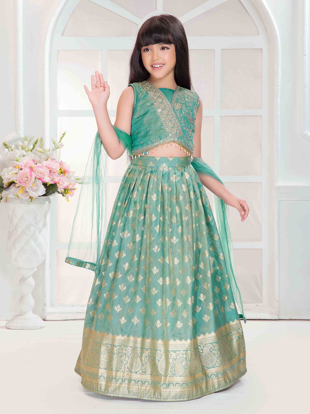 Tiny Kingdom Girls Floral Woven Design Ready To Wear Lehenga With Blouse & Dupatta - view 1