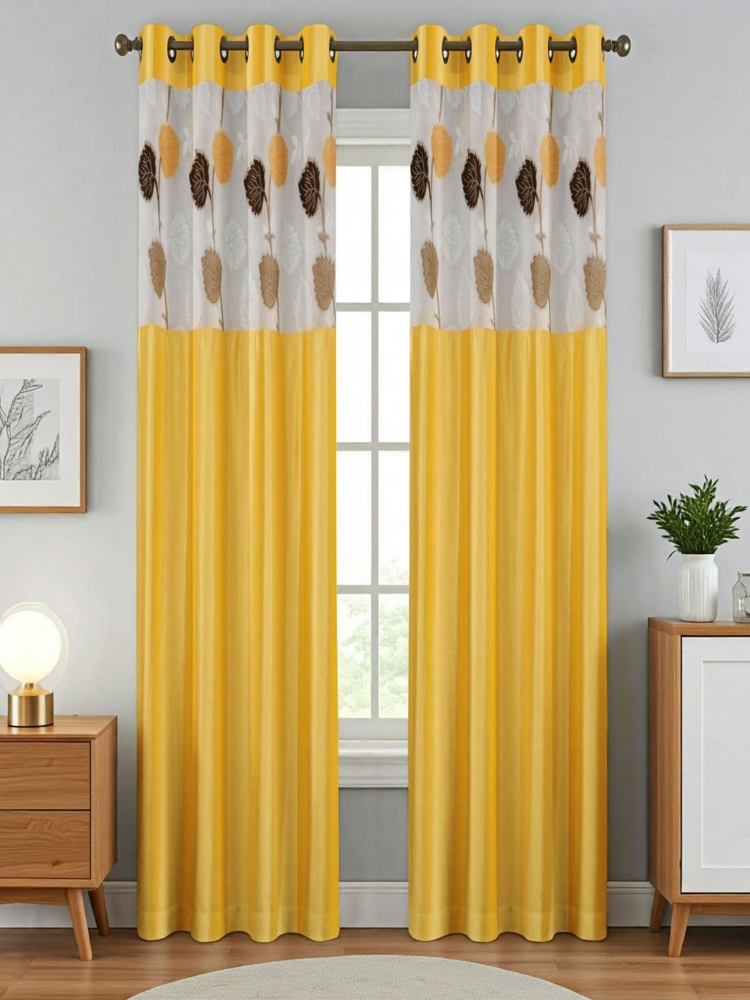 Aura Yellow And White 2 Pieces Floral Printed Sheer Long Door Curtains - view 1