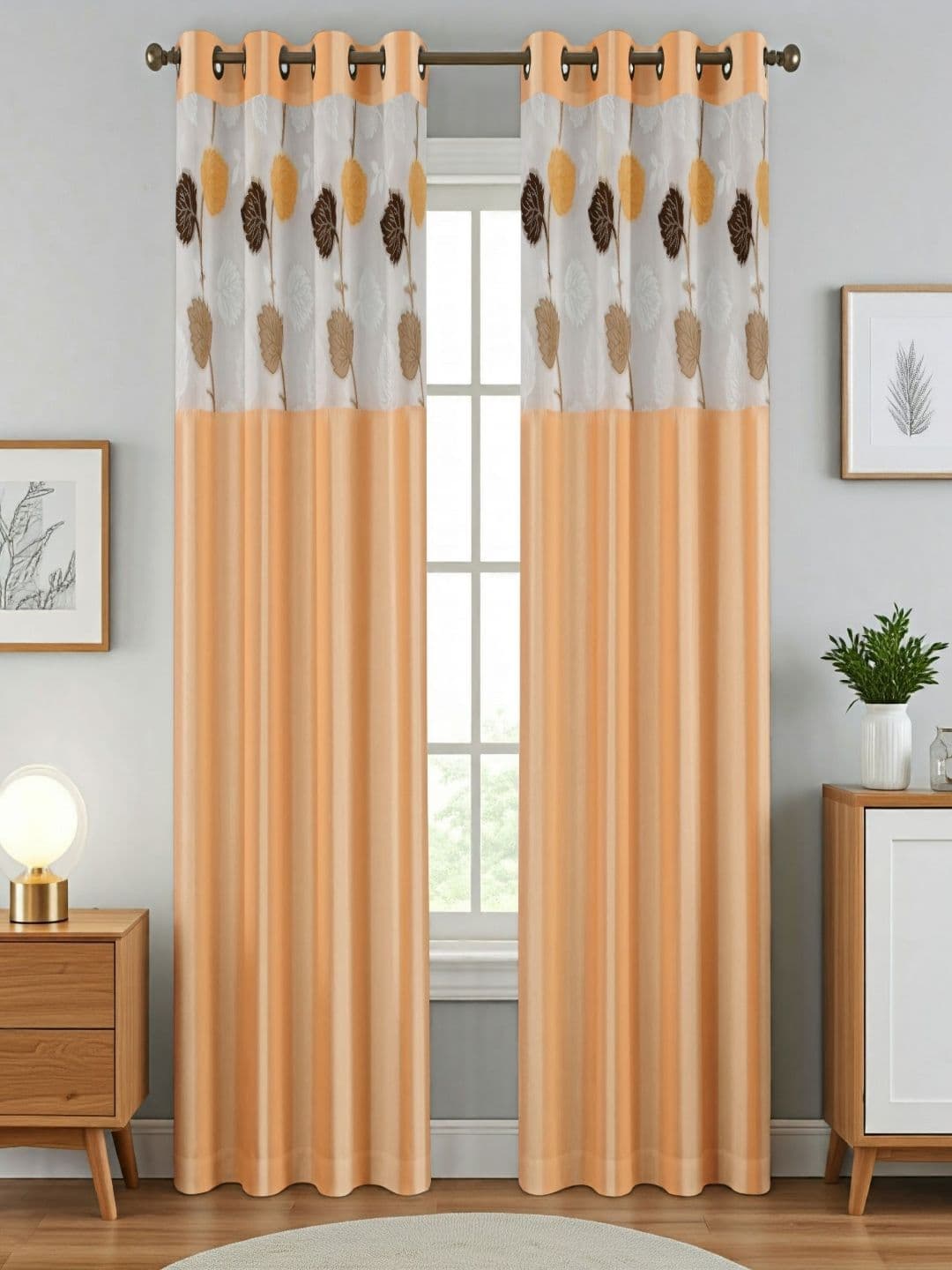 Aura Beige And White 2 Pieces Floral Printed Sheer Long Door Curtains - view 1