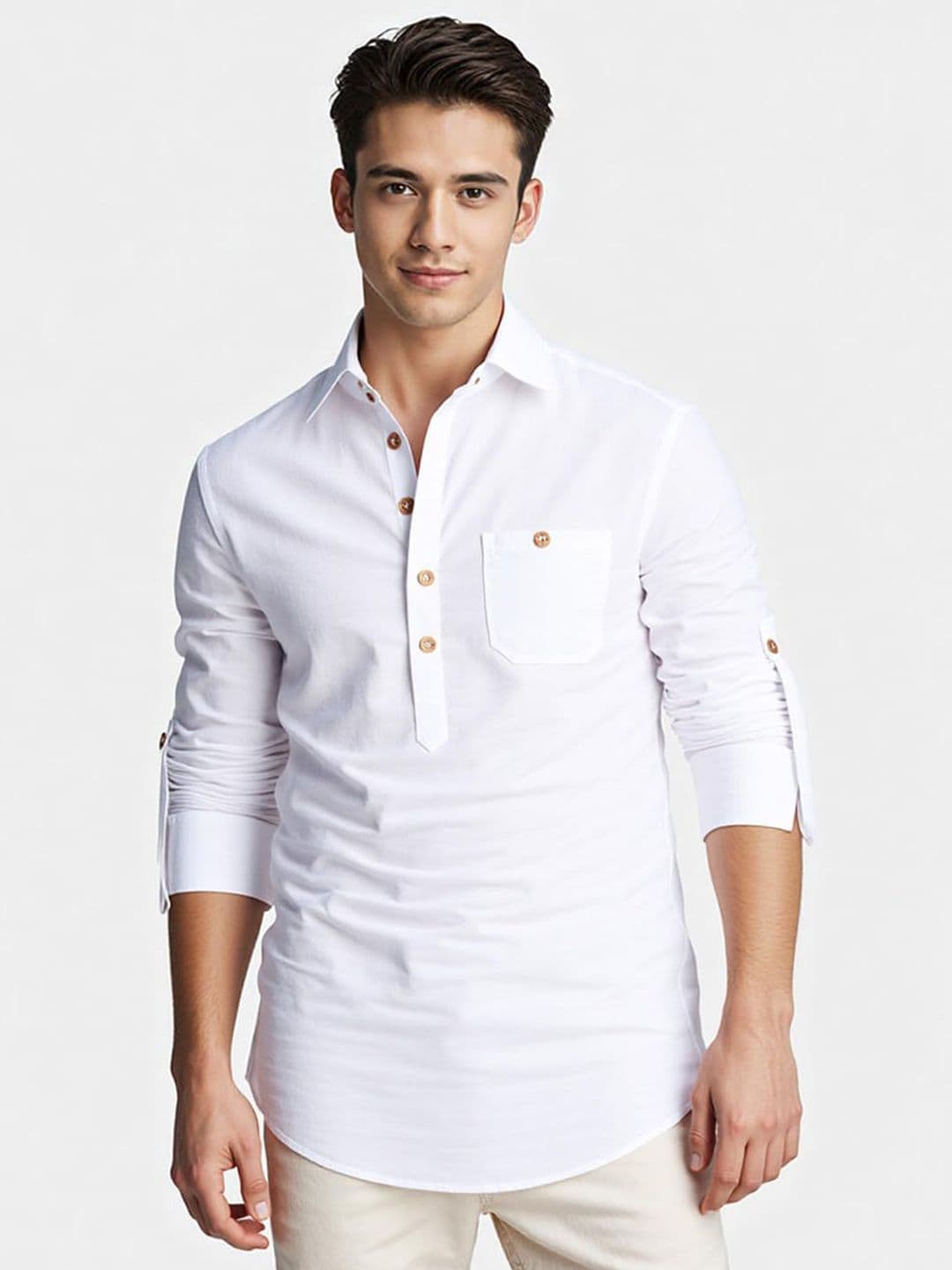Vida Loca Spread Collar Roll-Up Sleeves Cotton Slim-Fit Shirt - view 1