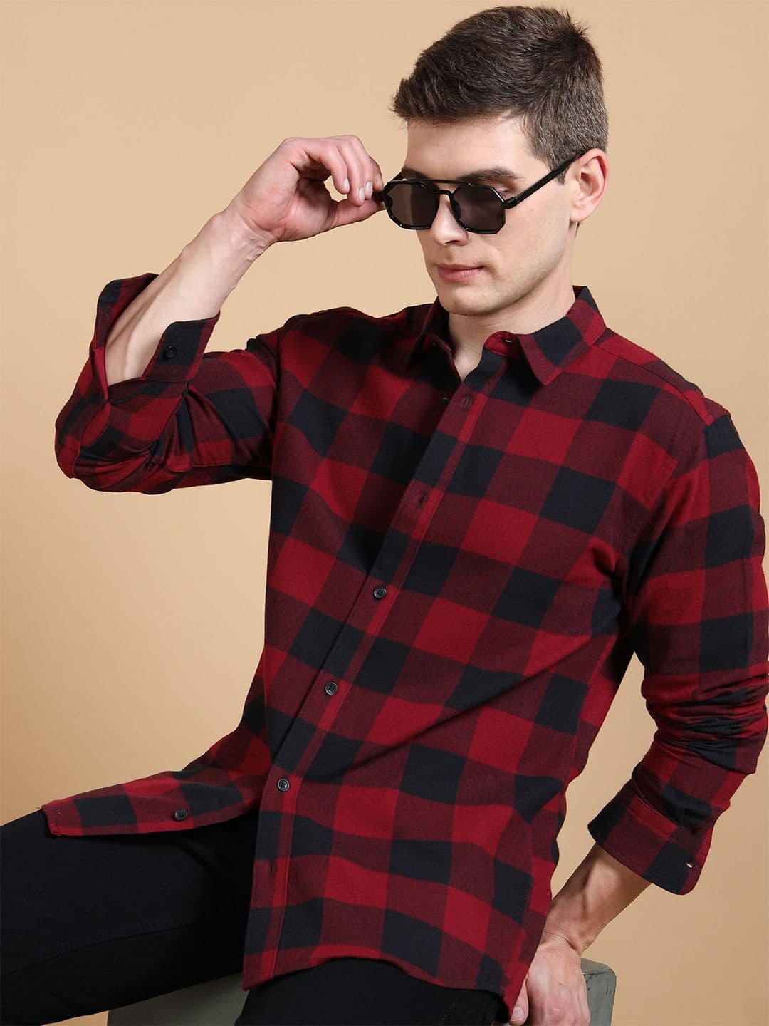 StitchX Men's Cherry Red Brushed Cotton Buffalo Checkered Shirt - view 1