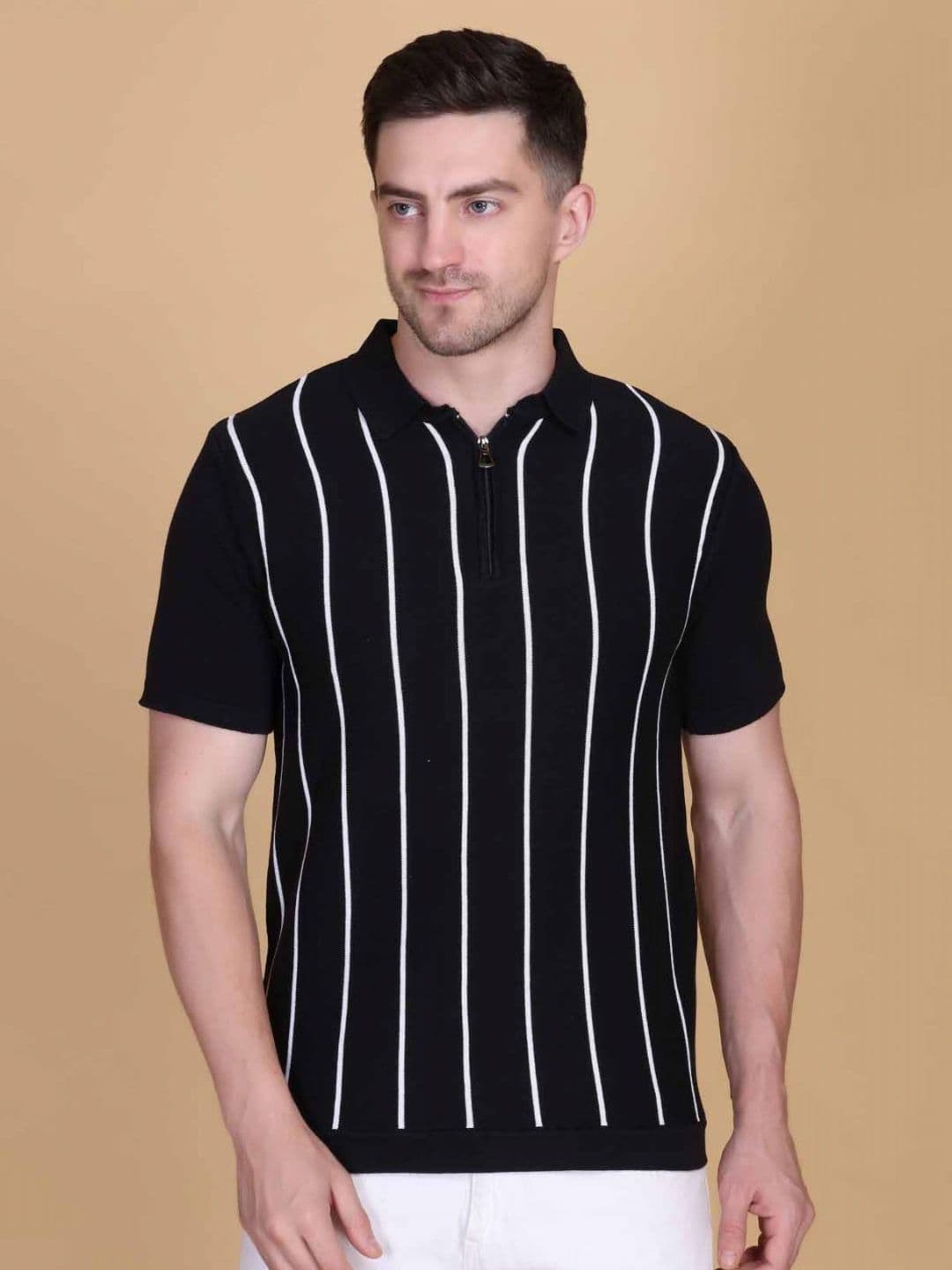 Dzant Striped Polo Collar Pure Cotton T-shirt - view 1
