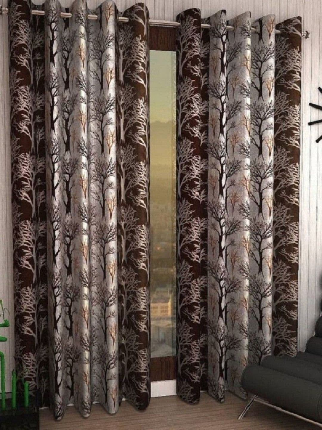 BELLA TRUE Brown & Grey 2 Pieces Floral Printed Long Door Curtains - view 1