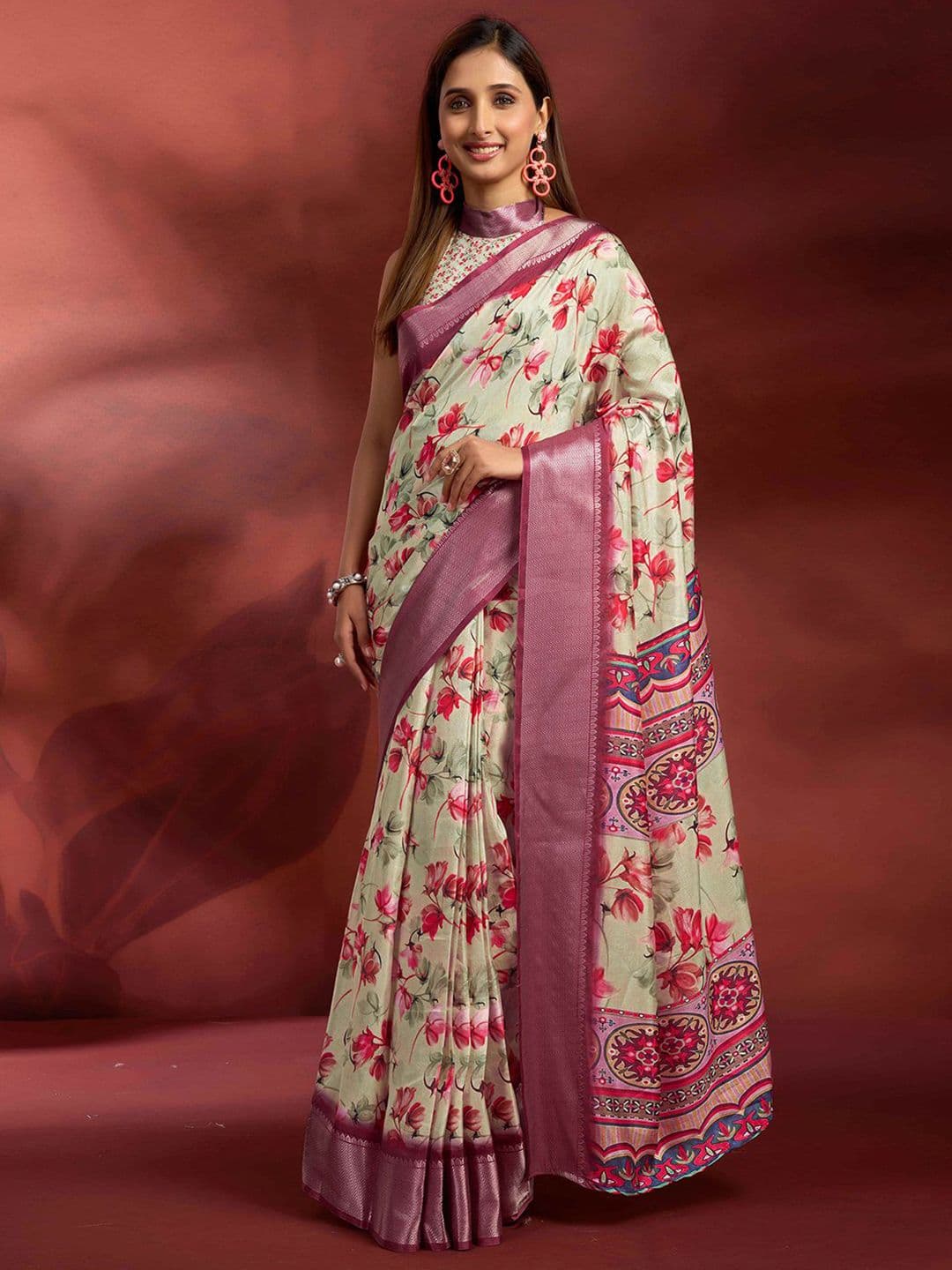 Mitera Floral Printed Zari Ready to Wear Saree - view 1