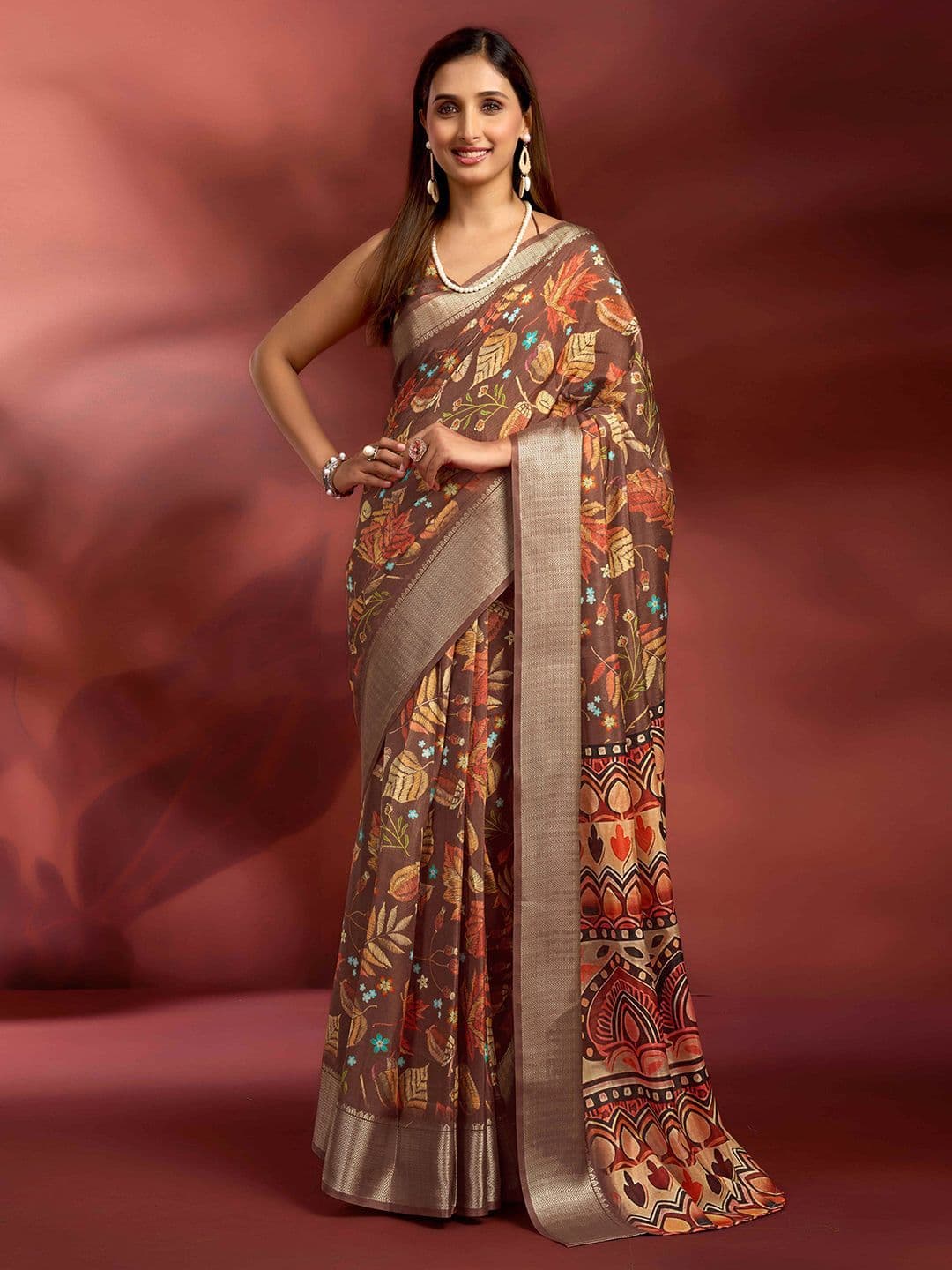 Mitera Floral Printed Woven Design Zari Saree - view 1