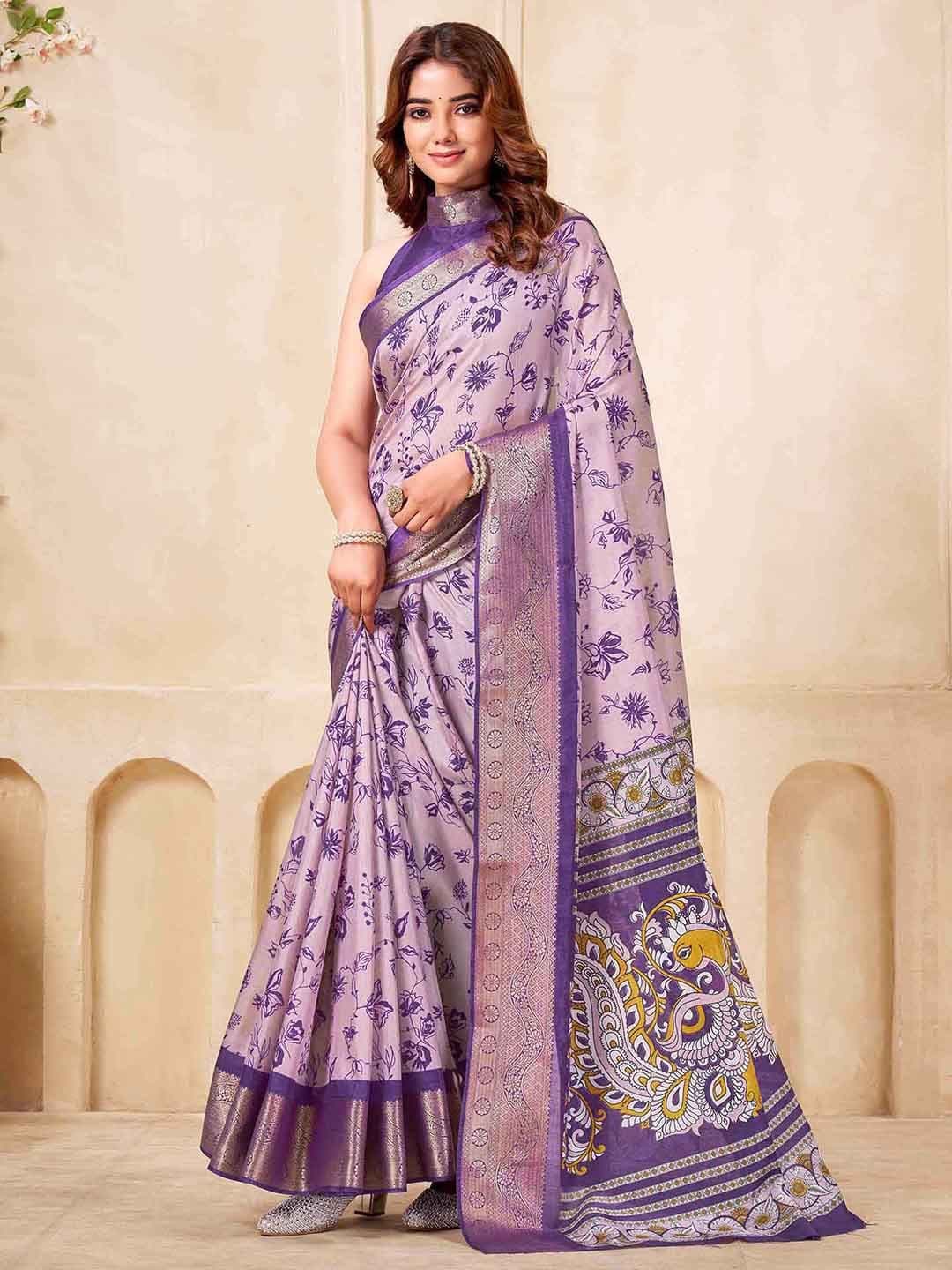 Mitera Floral Printed Zari Saree With Unstiched Blouse Piece - view 1