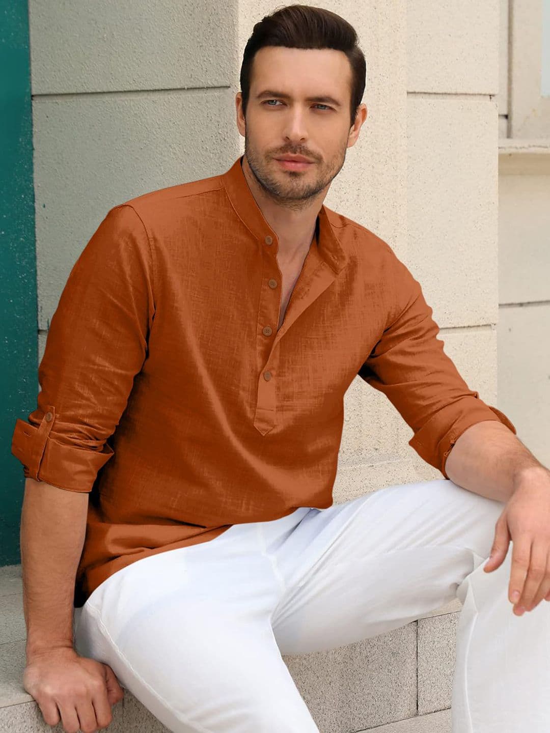 Zombom Men Cotton Mandarin Collar Roll Up Sleeves Short Kurta - view 1