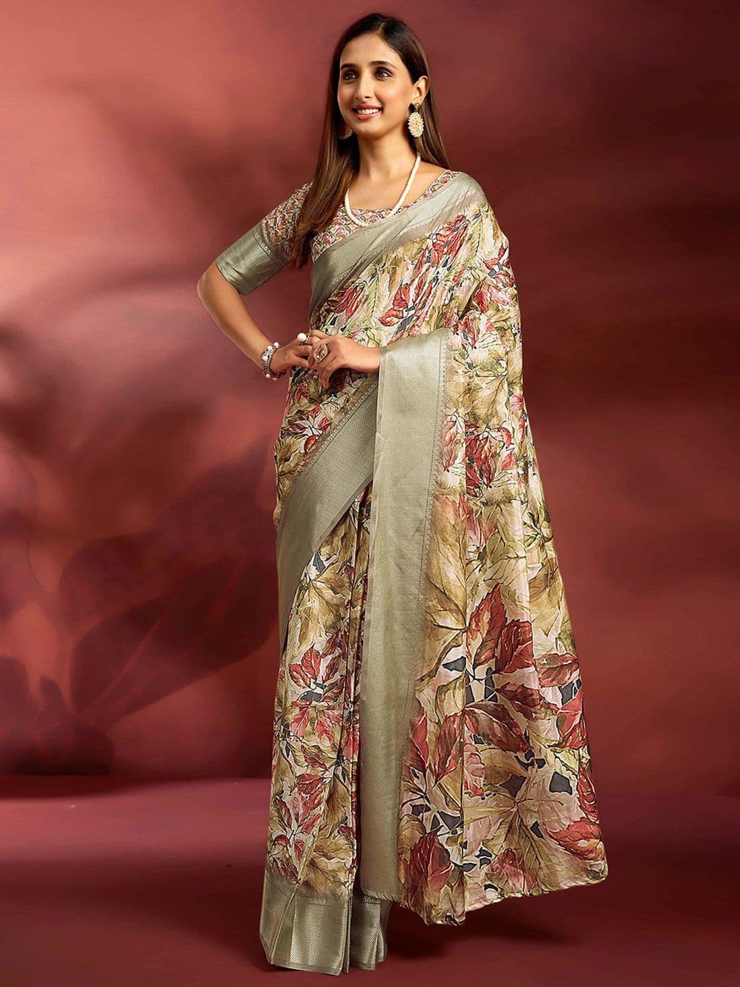 Mitera Floral Printed Woven Design Zari Saree - view 1