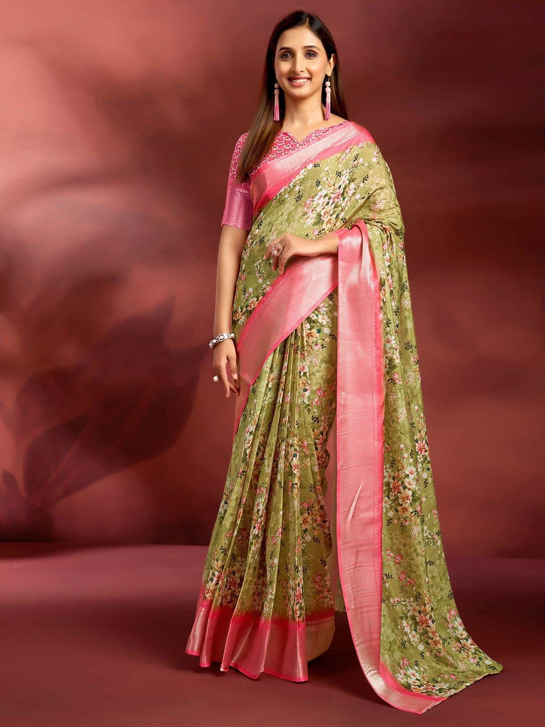 Mitera Floral Printed Zari Ready to Wear Saree - view 1