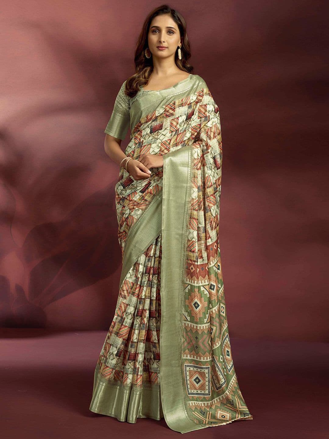 Mitera Abstract Printed Zari Border Ready to Wear Saree - view 1
