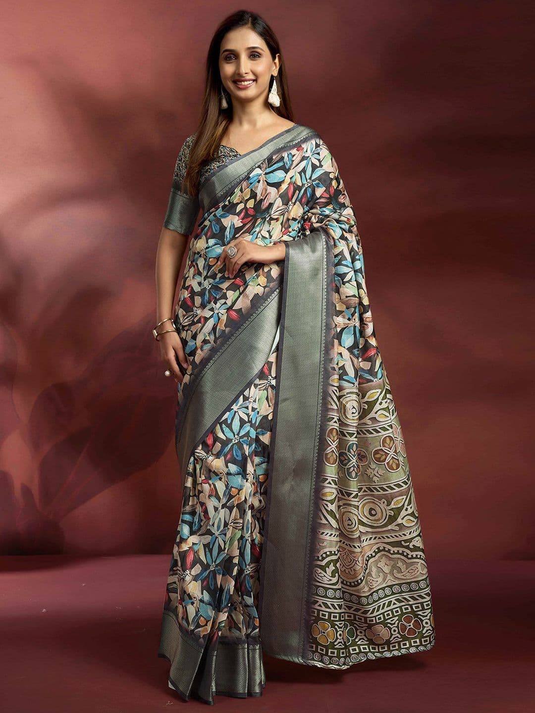 Mitera Floral Printed Woven Design Zari Saree - view 1