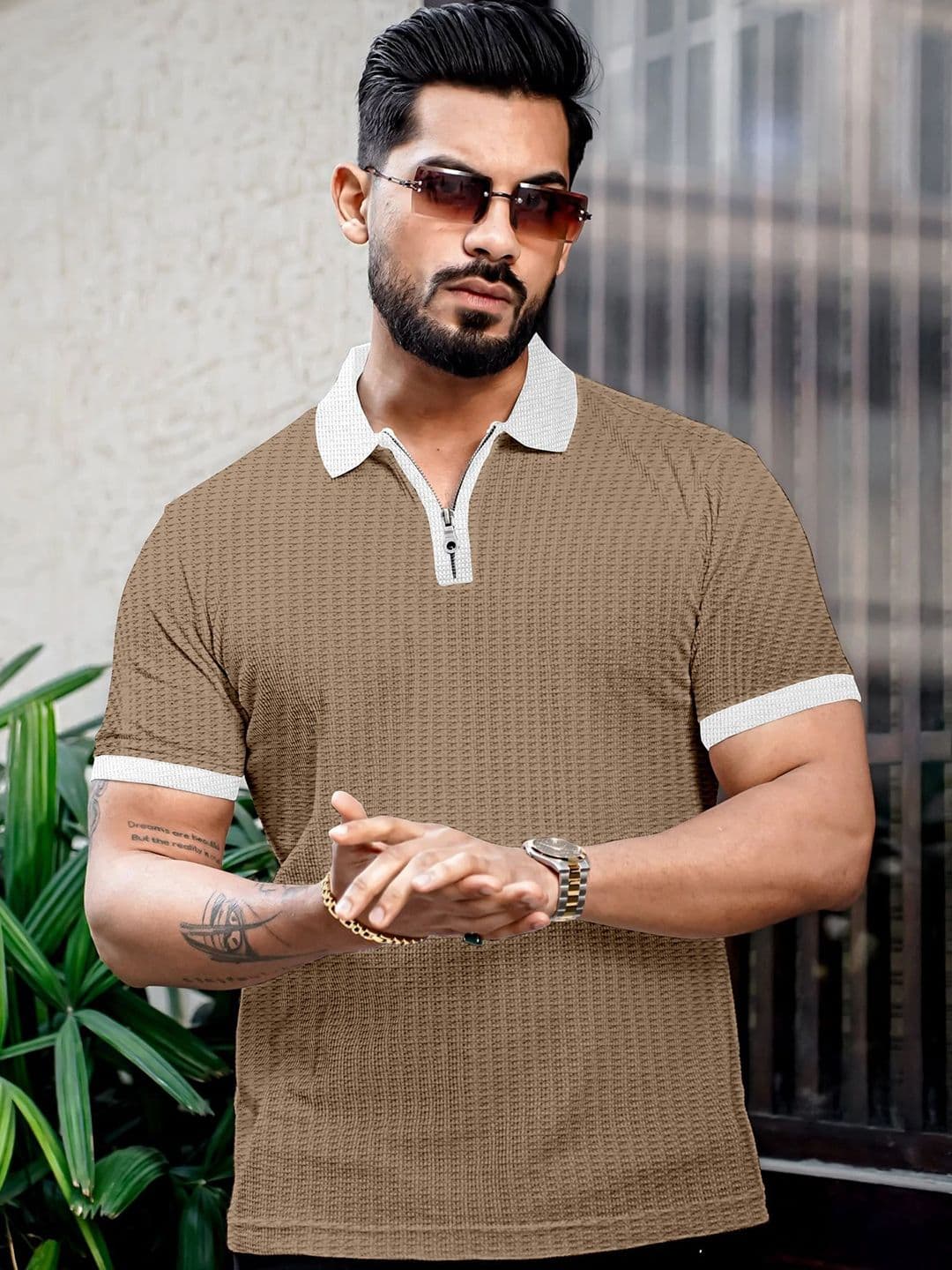 KAJARU Men Waffle Knit Colourblocked Polo Collar T-Shirt - view 1