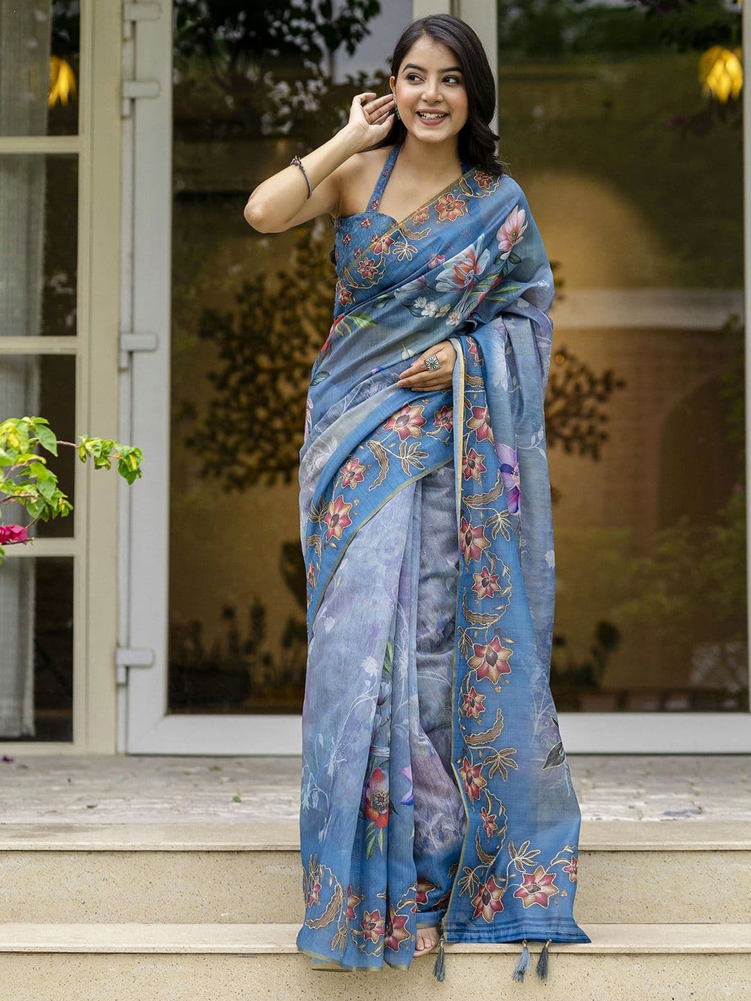 Satrani Women Embroidered Floral Printed Saree With Unstiched Blouse Piece - view 1