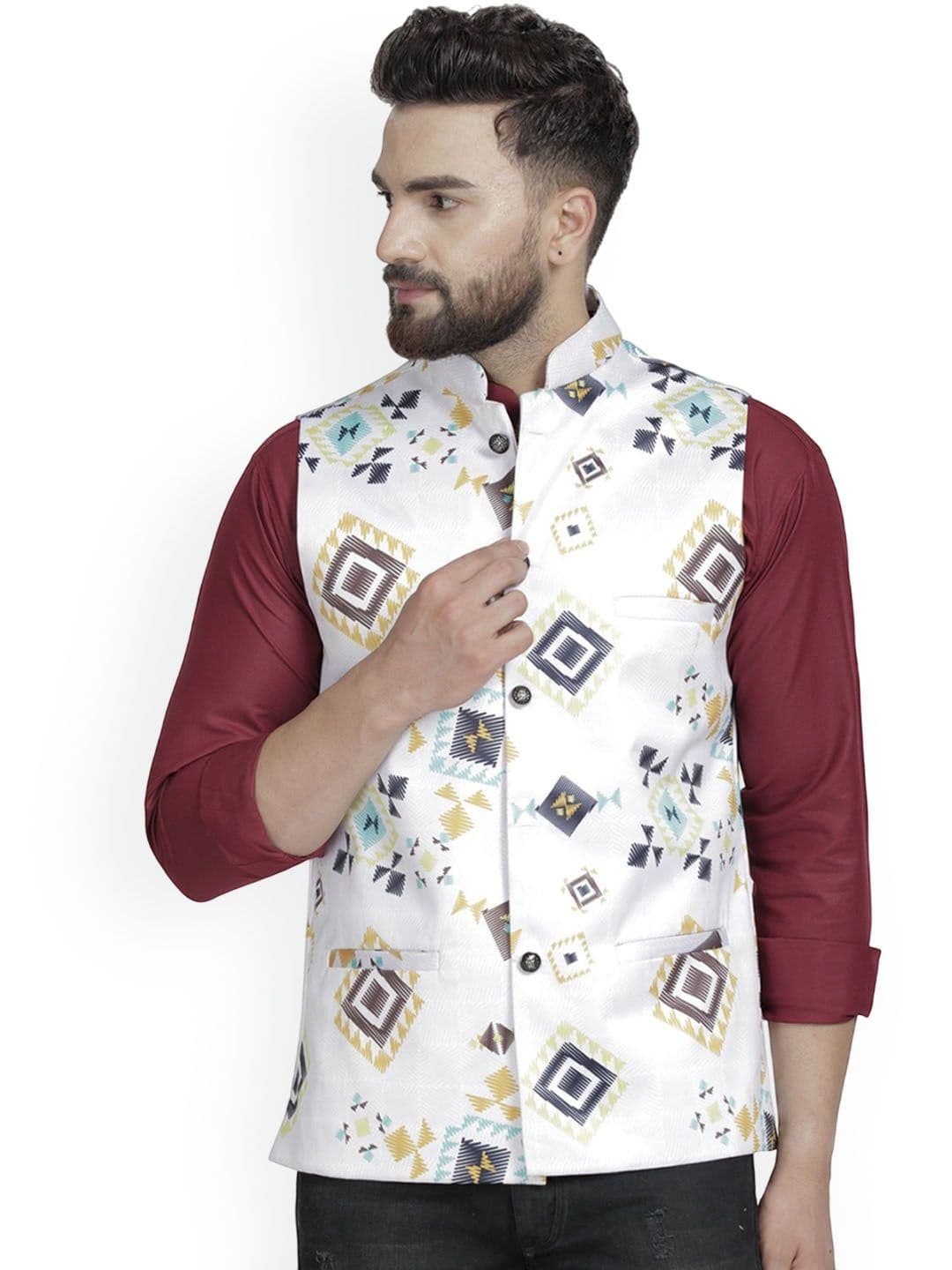 B BEN Printed Mandarin Collar Neck Woven Nehru Jackets - view 1