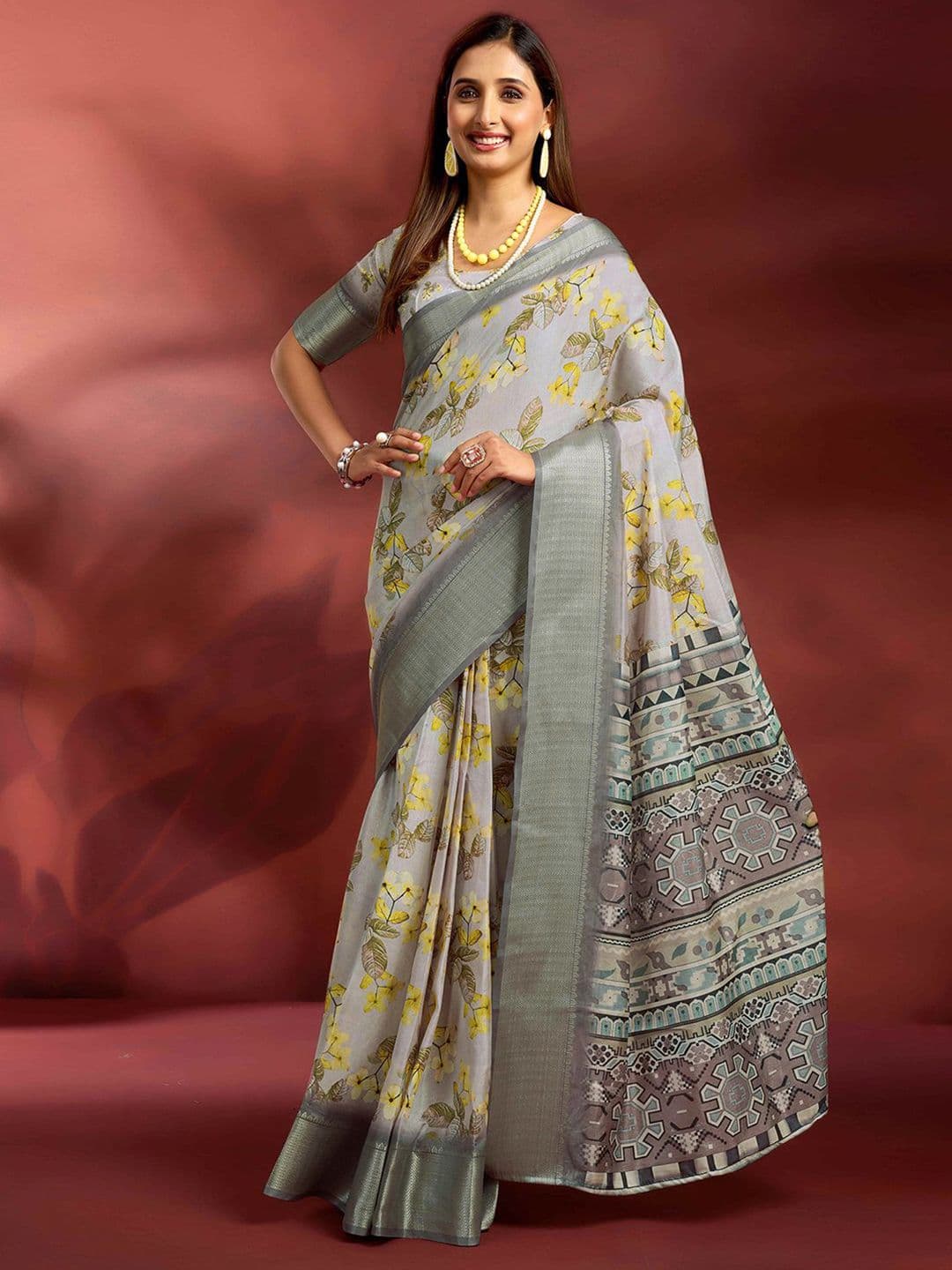 Mitera Floral Printed Zari Ready to Wear Saree With Unstiched Blouse Piece - view 1