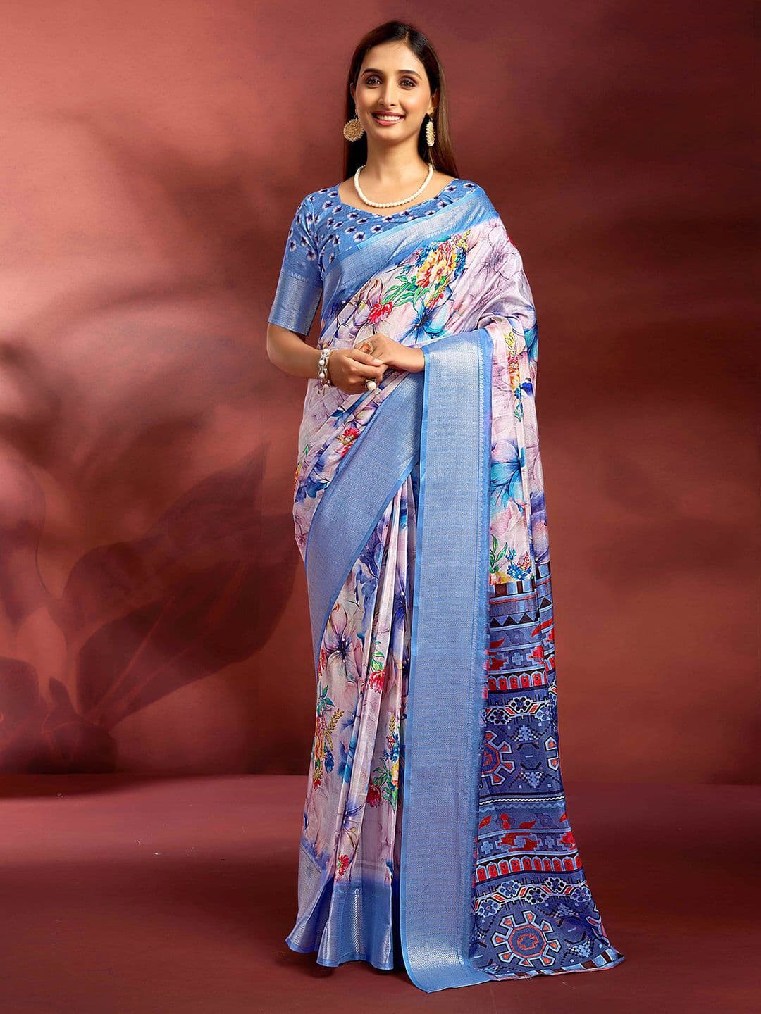 Mitera Floral Printed Zari Saree - view 1